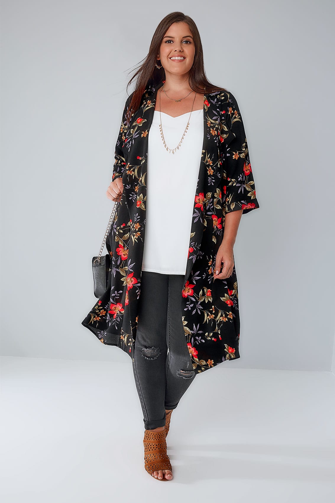 Black & Multi Floral Panelled Duster Jacket With Waterfall Front & Half ...
