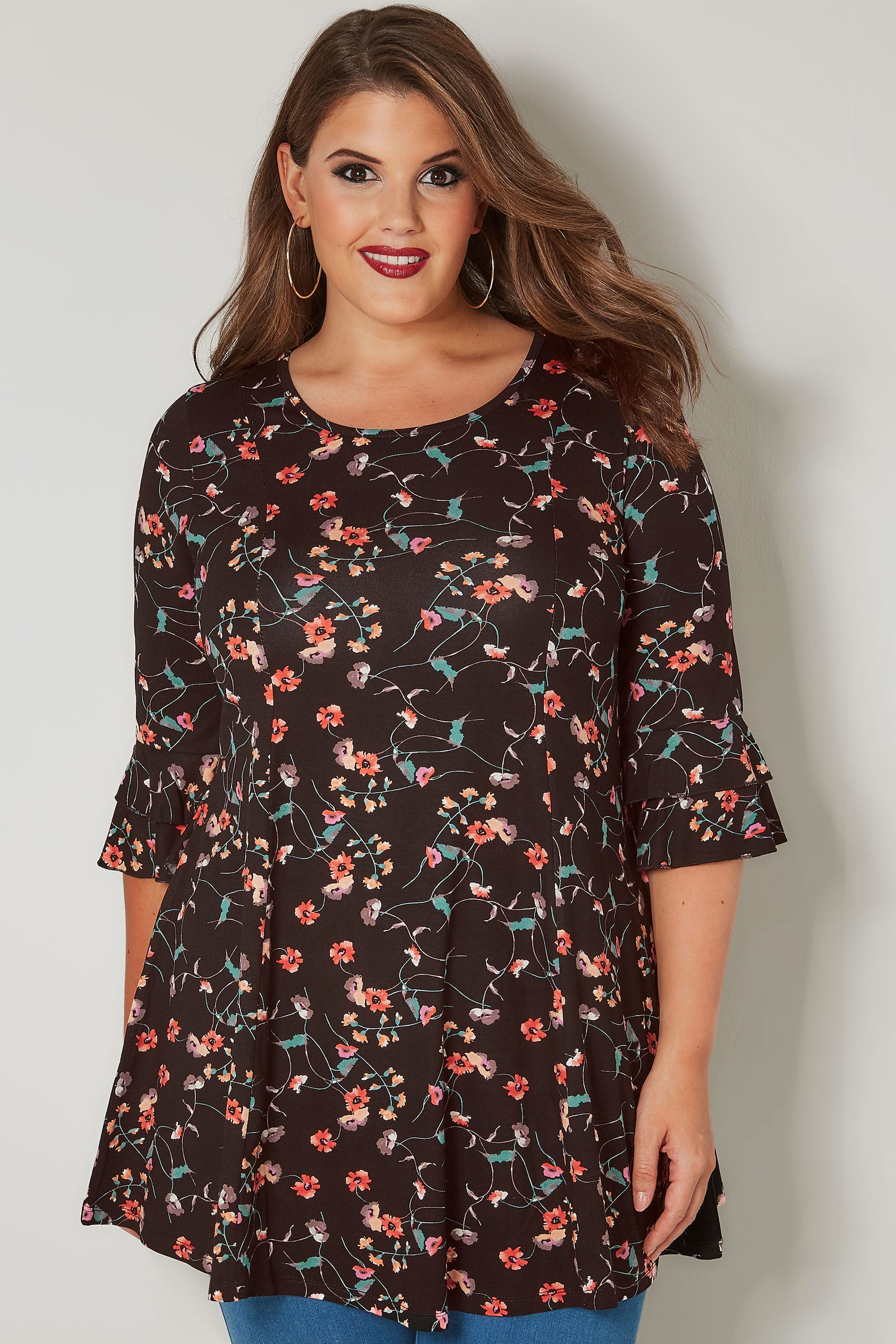 Black & Multi Floral Peplum Top With Layered Flute Sleeves, plus size ...
