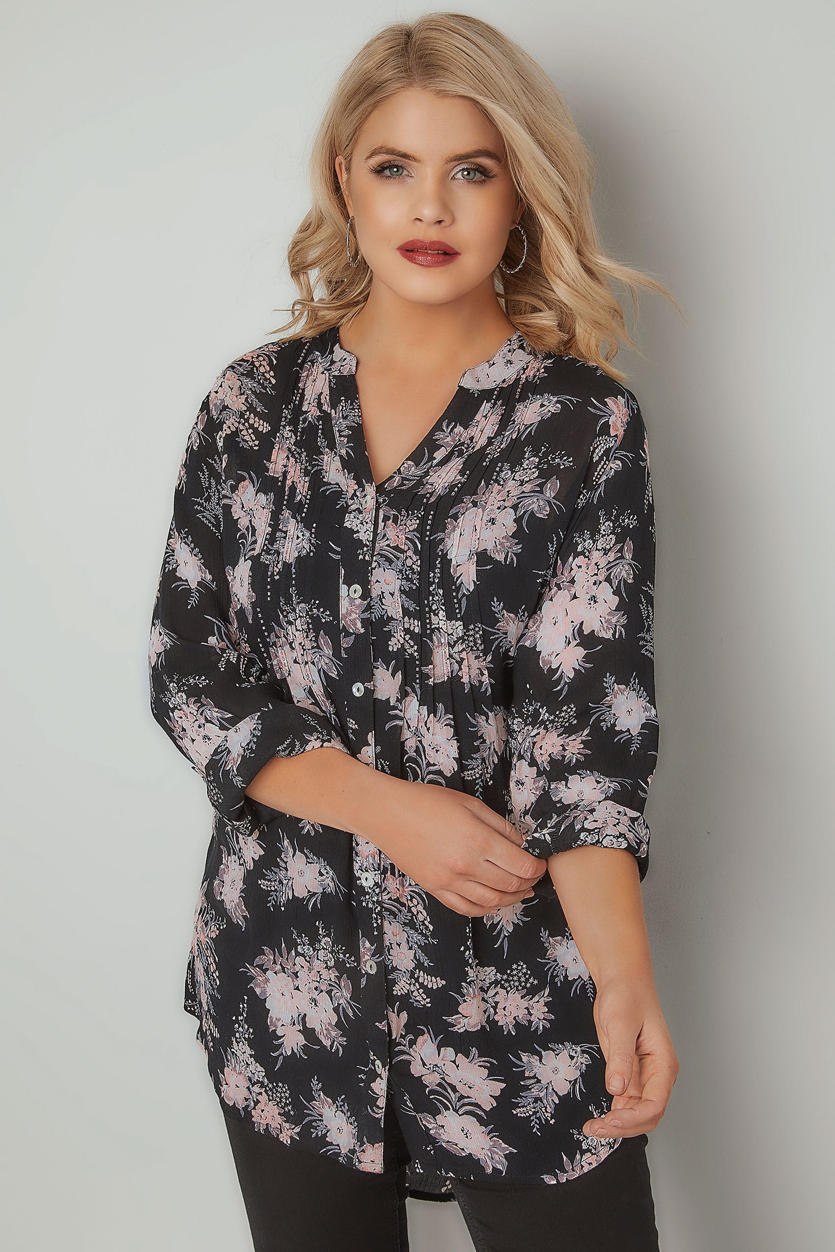 Black & Multi Floral Pintuck Longline Blouse With Beading Detail, Plus ...
