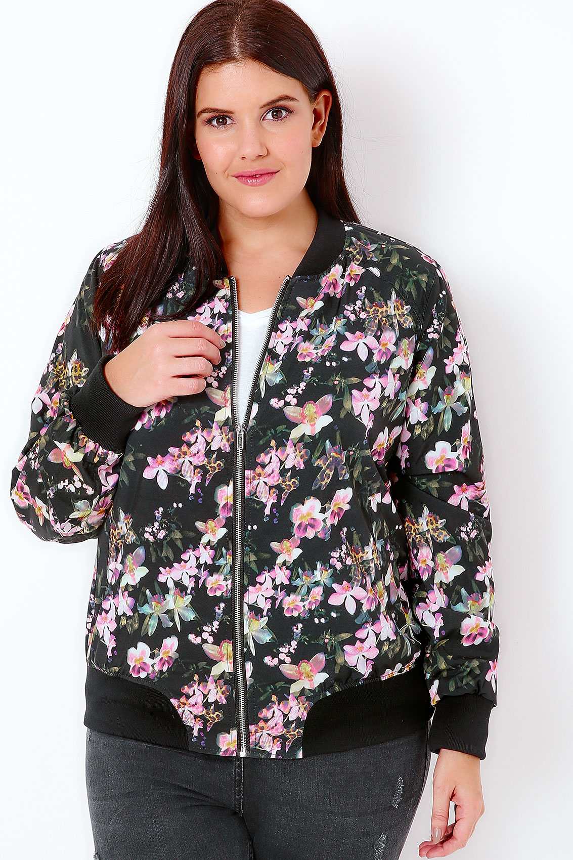 Black & Multi Floral Print Bomber Jacket Plus Size 16 to 36