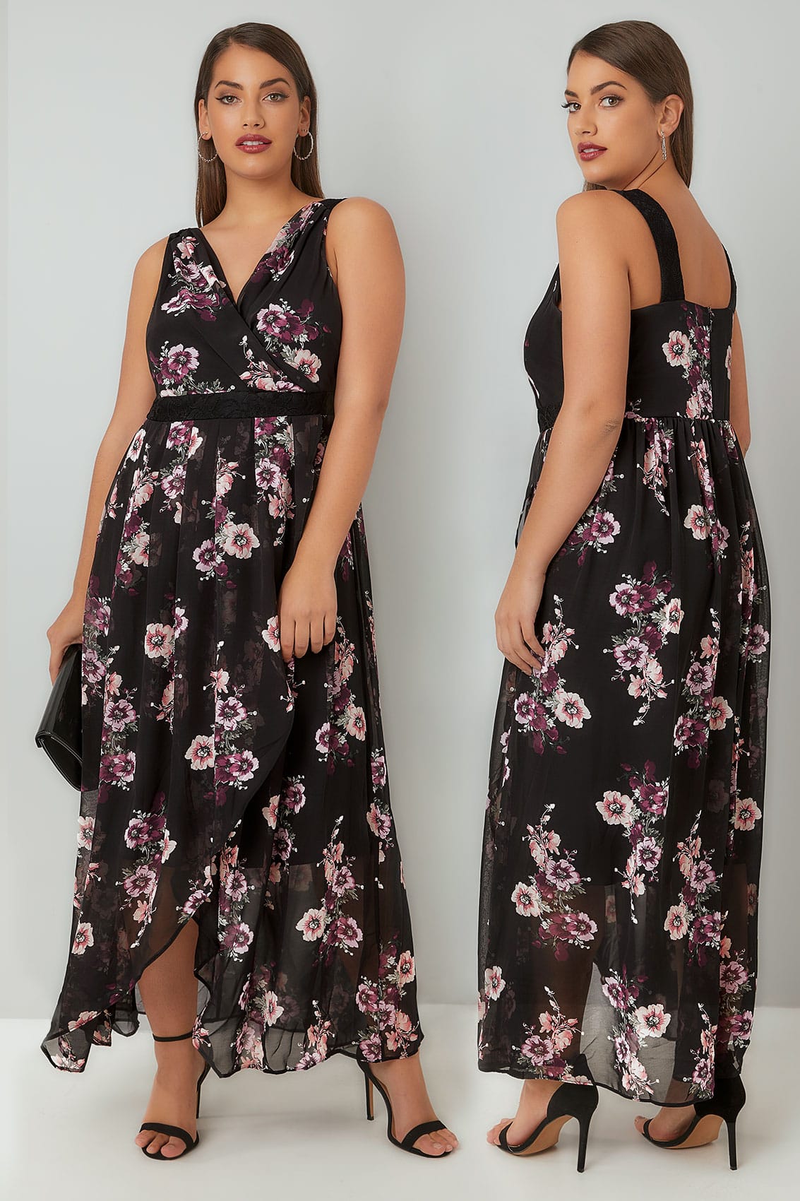 Black & Multi Floral Print Chiffon Maxi Dress With Wrap Front & Lace