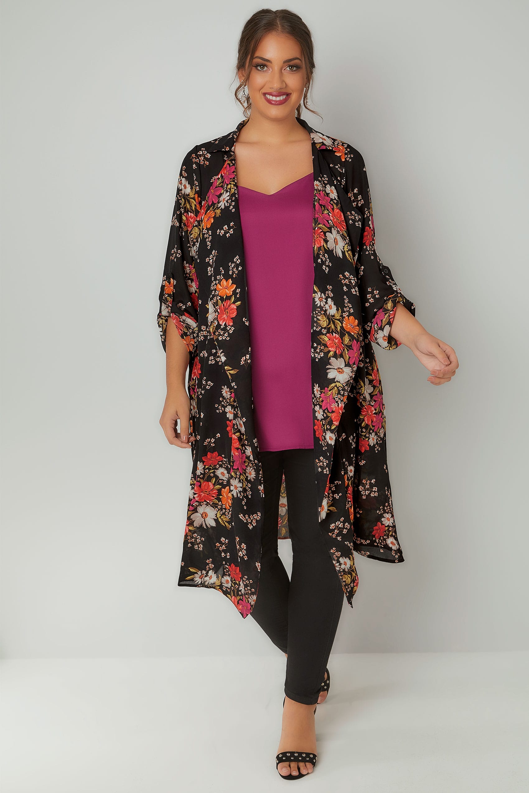 Black & Multi Floral Print Duster Jacket With Roll Up Sleeves, Plus ...