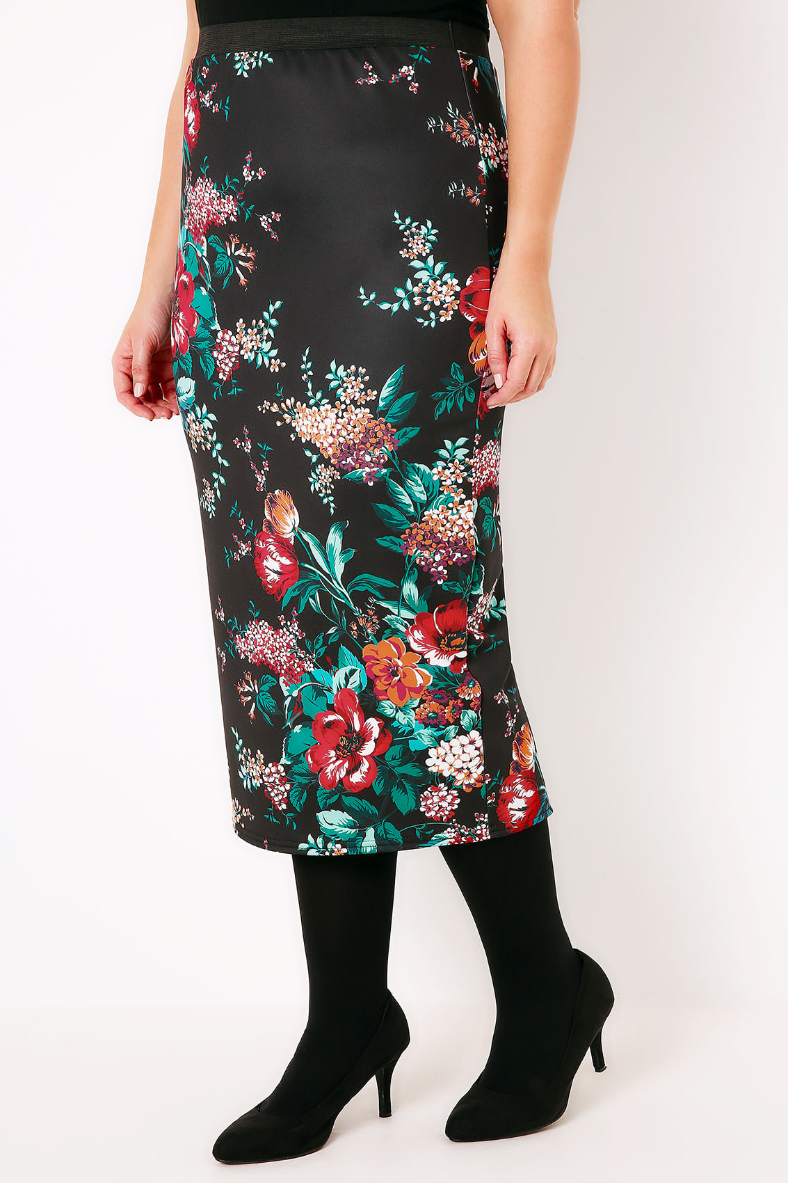 Black & Multi Floral Print Oriental Scuba Pencil Skirt, Plus size 16 to 36