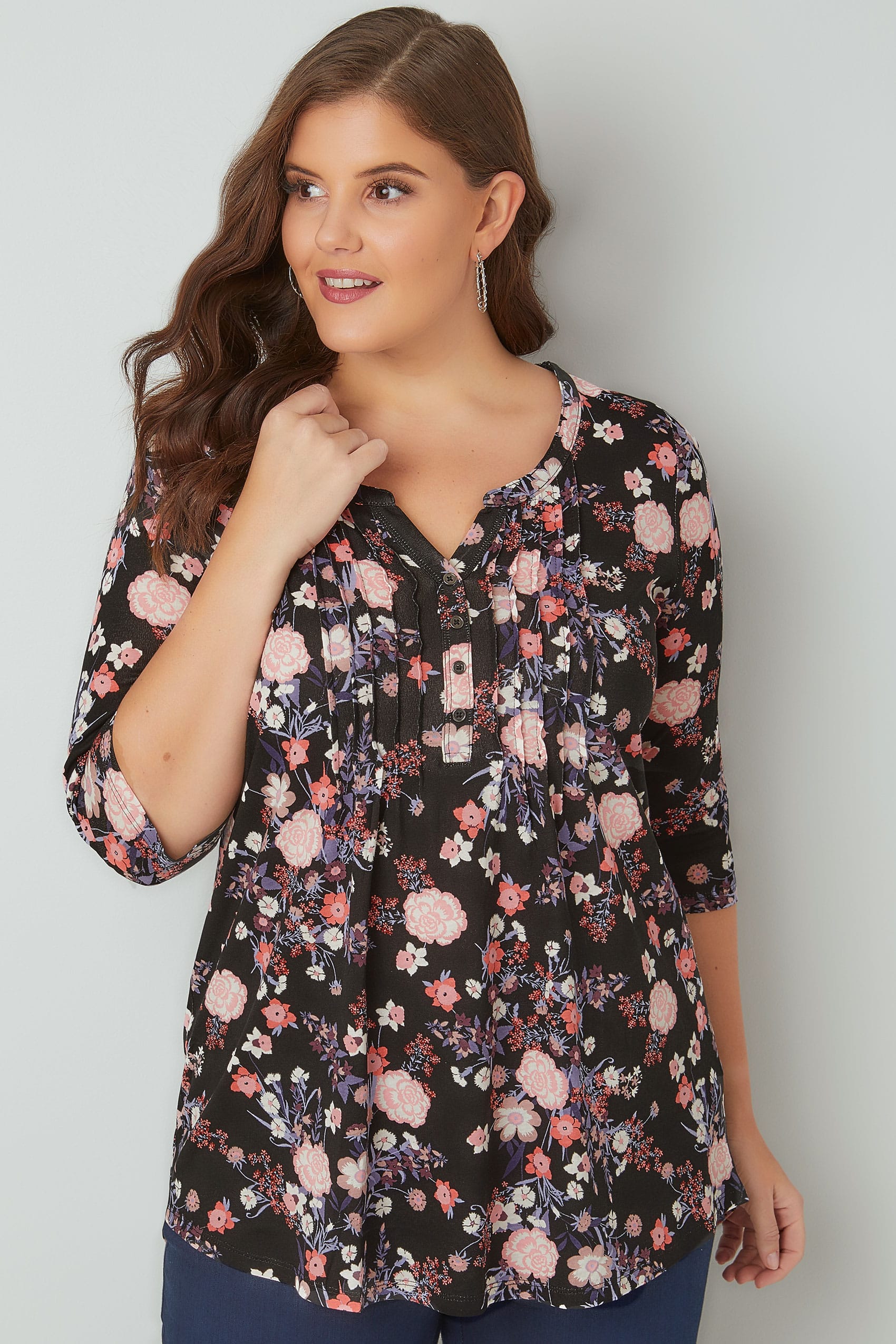 Black & Multi Floral Pintuck Jersey Top With 3/4 Sleeves, Plus size 16 ...