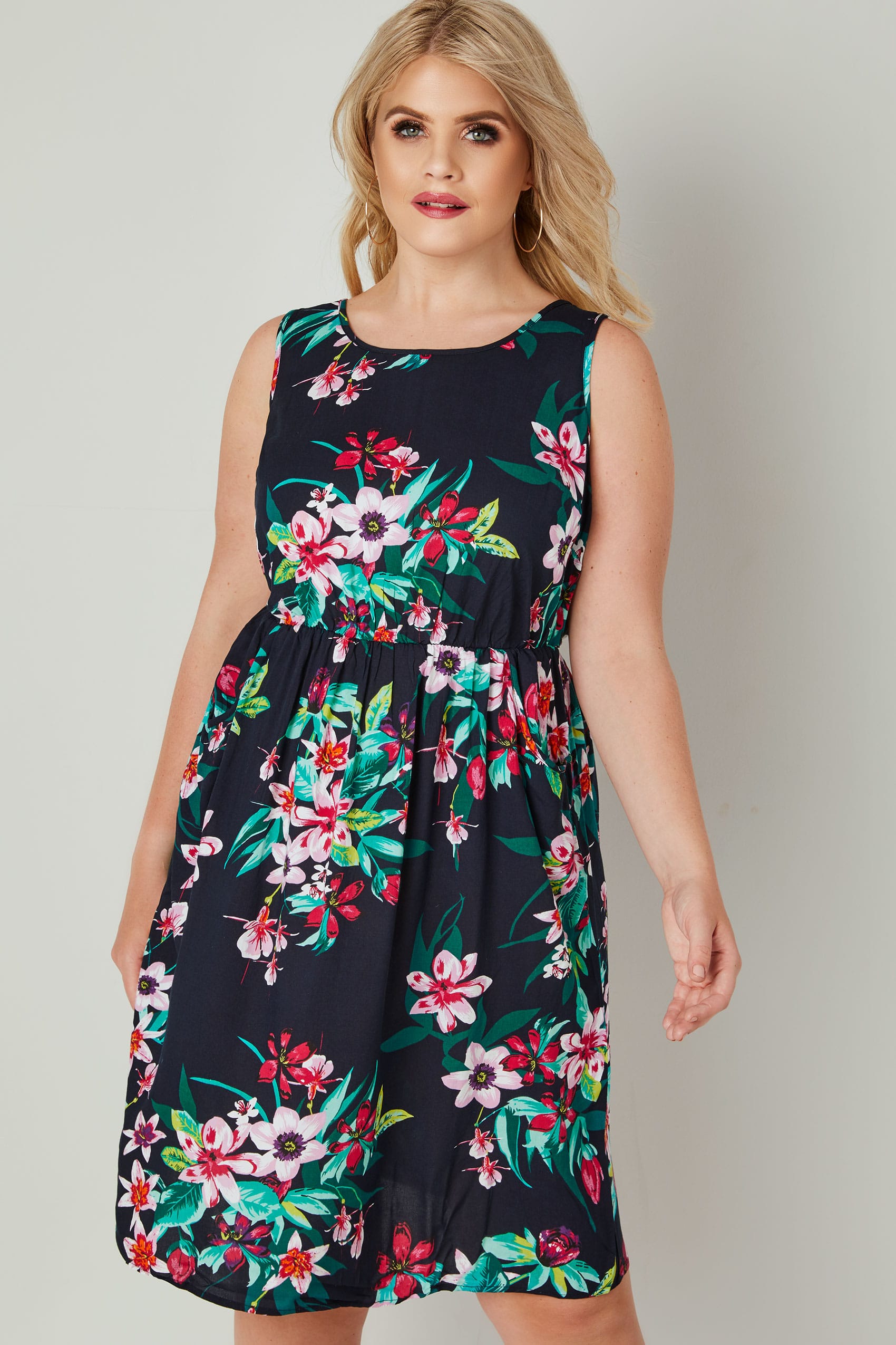 Navy & Multi Floral Print Pocket Dress With Elasticated Waistband, Plus ...