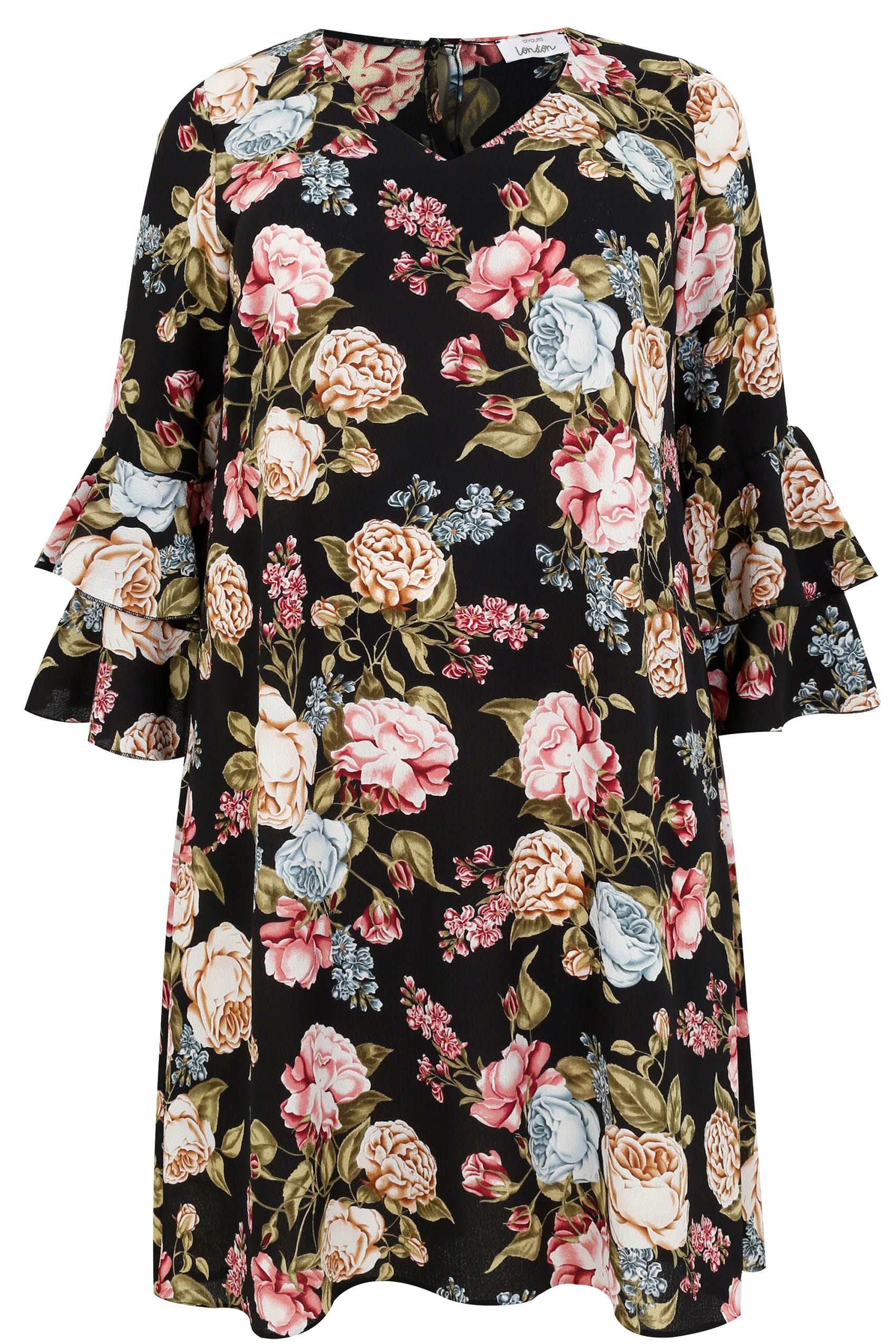 Black & Multi Floral Print Shift Dress With Layered Flute Sleeves, Plus ...