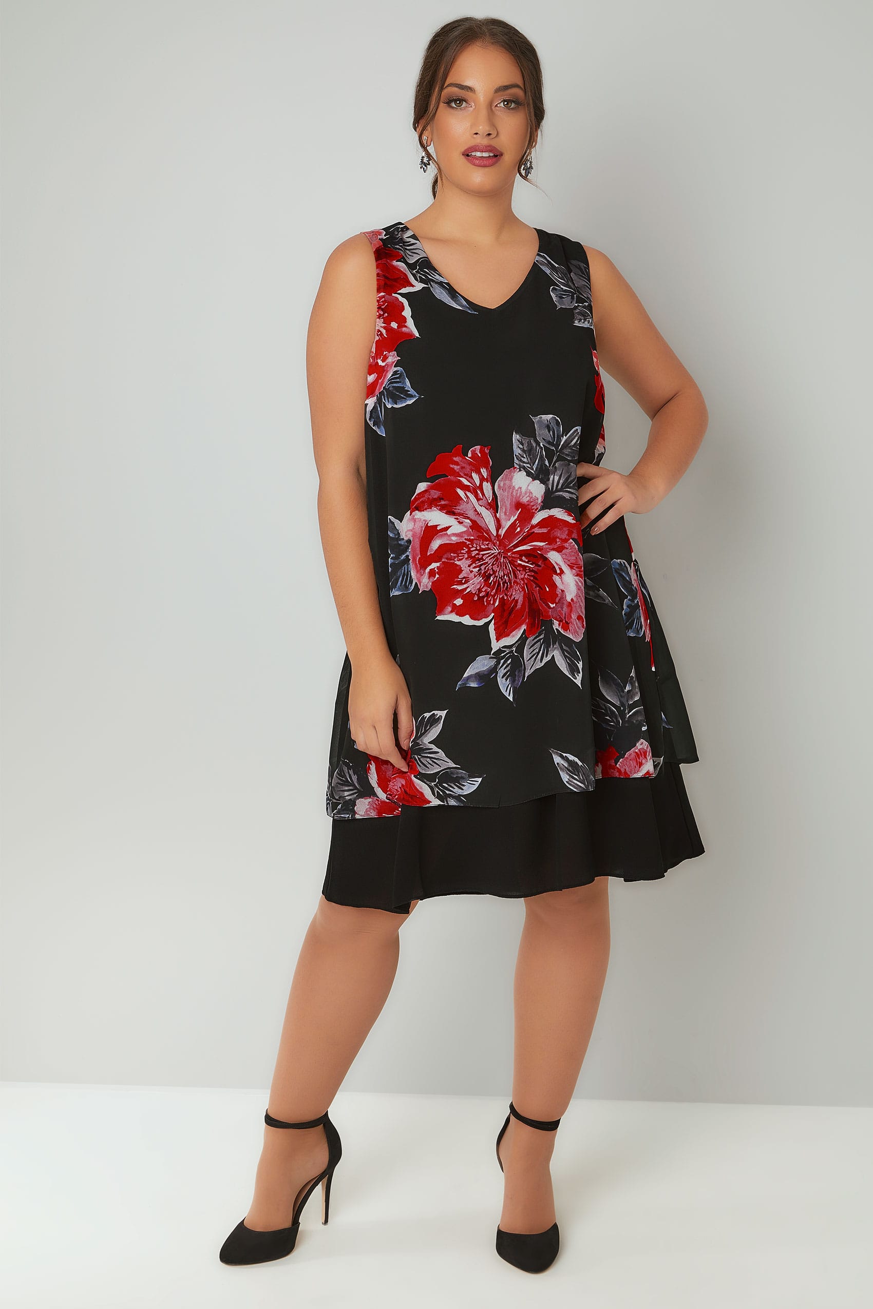Black & Multi Floral Print Sleeveless Chiffon Layered Dress, Plus size ...