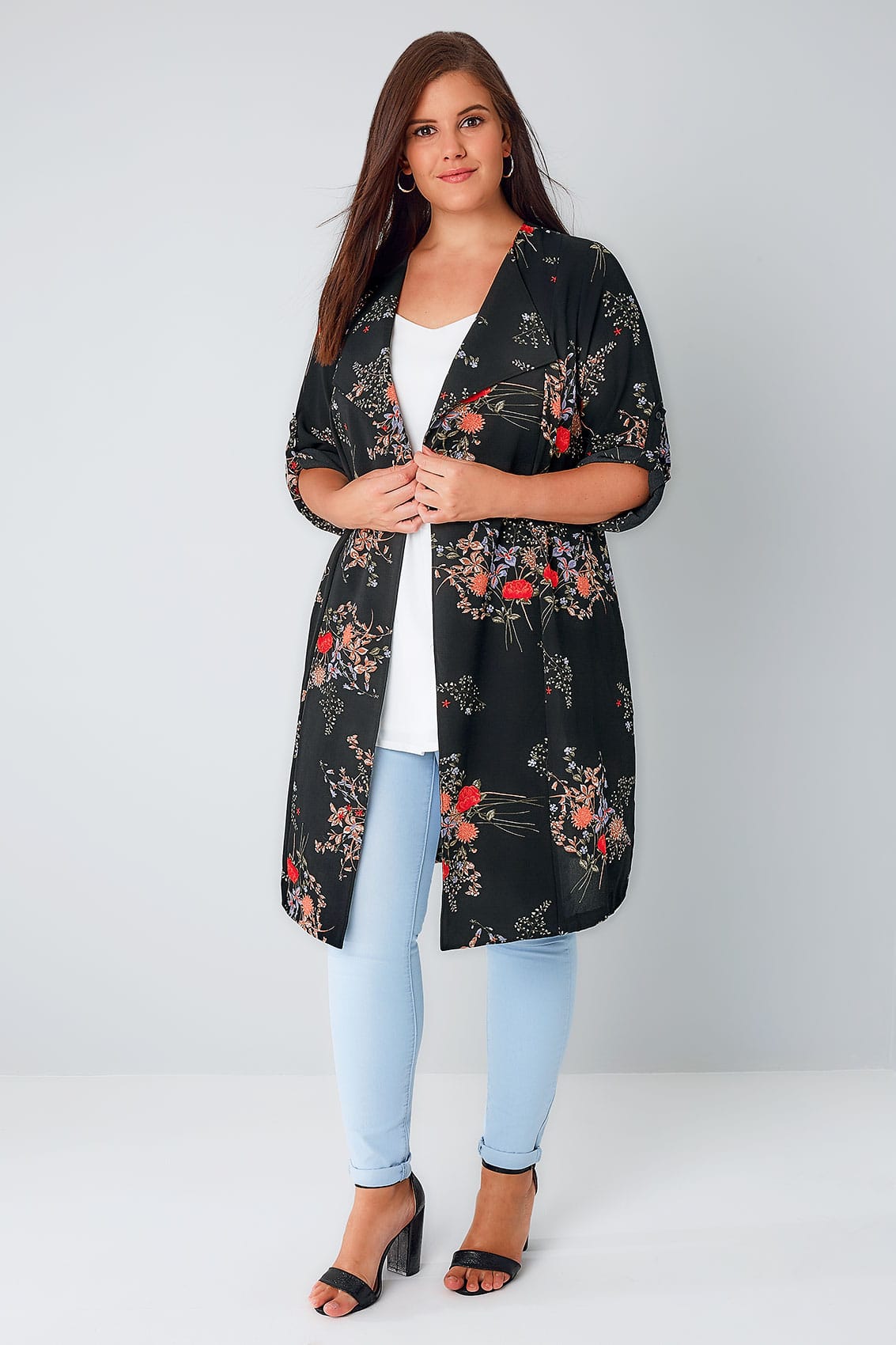 Plus Size Womens Floral Print Waterfall Duster Jacket, Plus Size 16 To ...