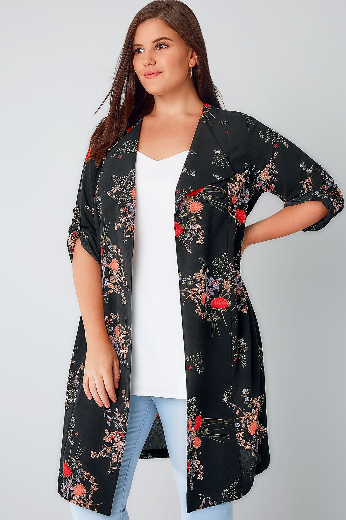 Black & Multi Floral Print Waterfall Duster Jacket, Plus size 16 to 36