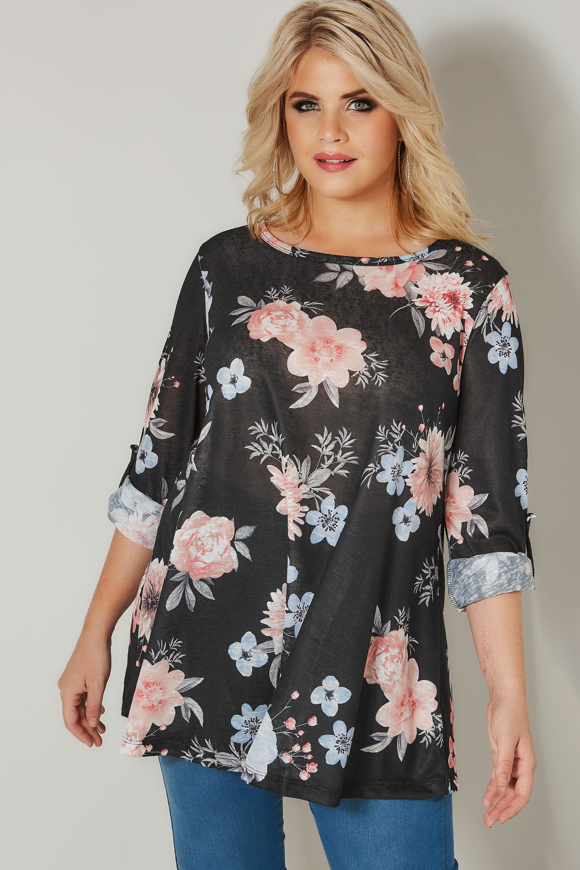 Black & Multi Floral Roll Sleeve Top, plus size 16 to 36