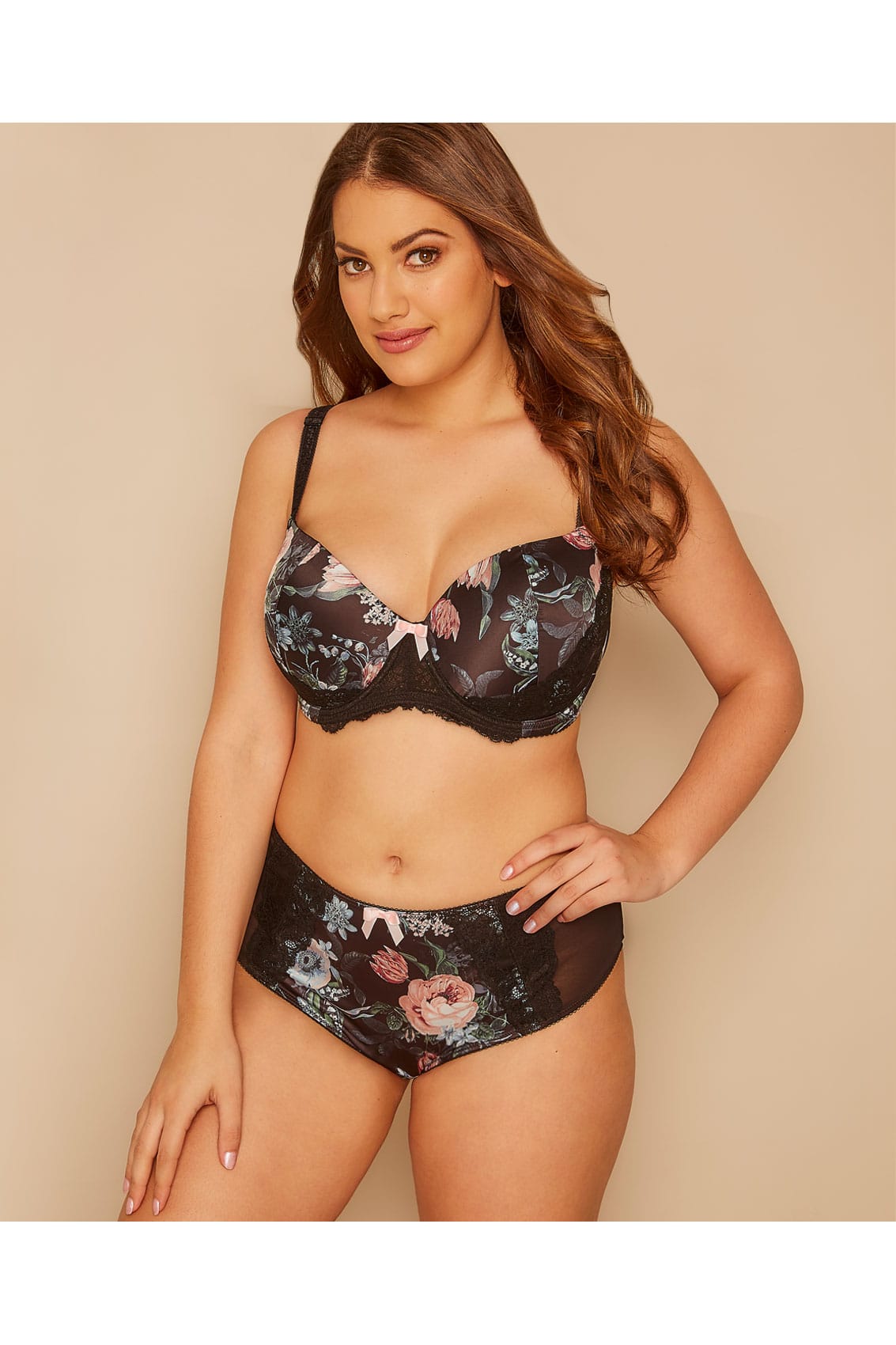 Black And Multi Floral Satin Underwired Bra With Moulded Cups