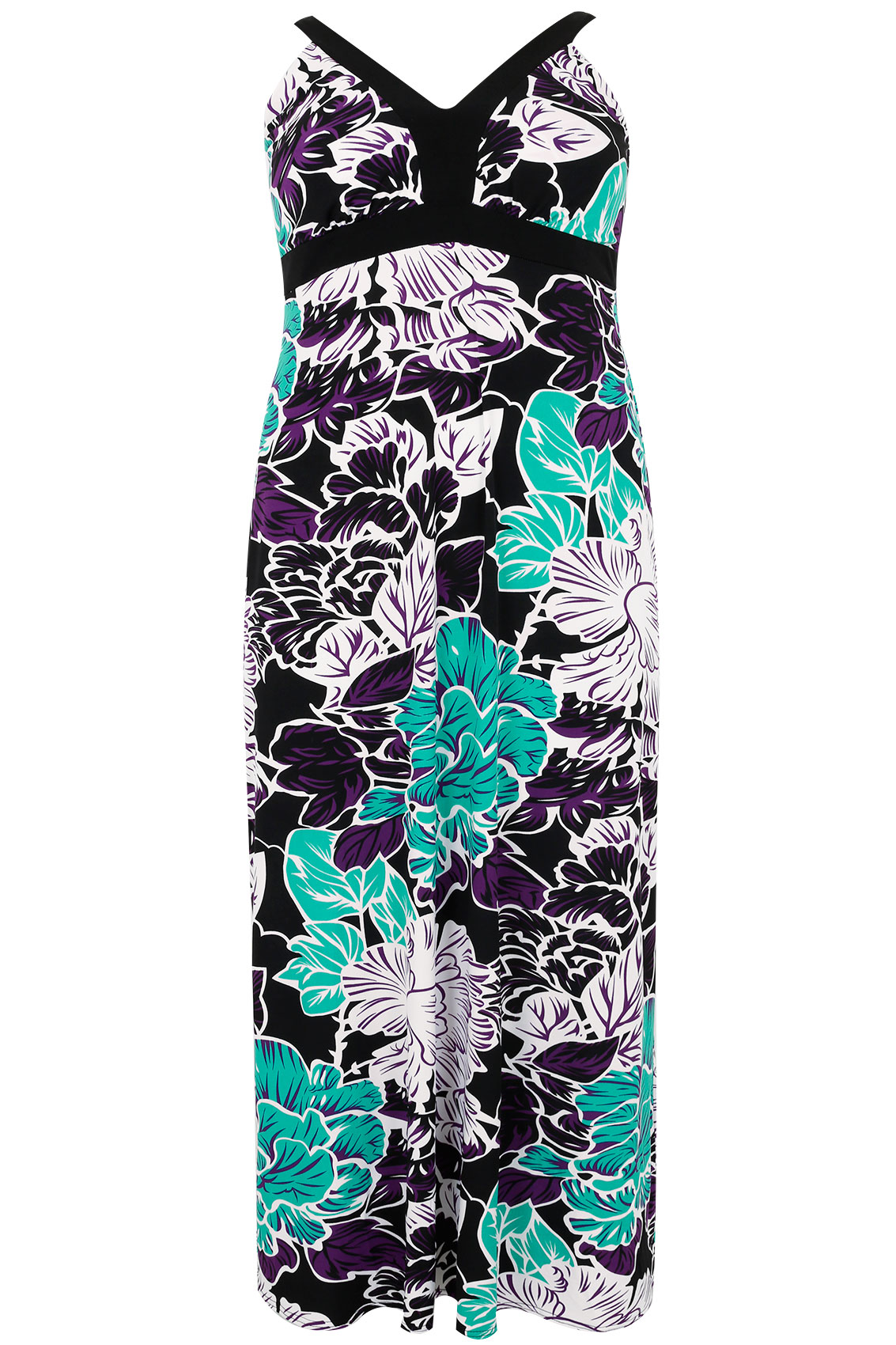 Black & Multi Large Floral Print Maxi Dress With Contrasting Trim plus ...