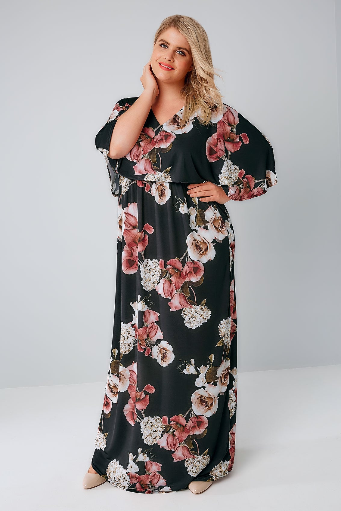 YOURS LONDON Black & Multi Rose Print Maxi Dress With Kimono Sleeves ...