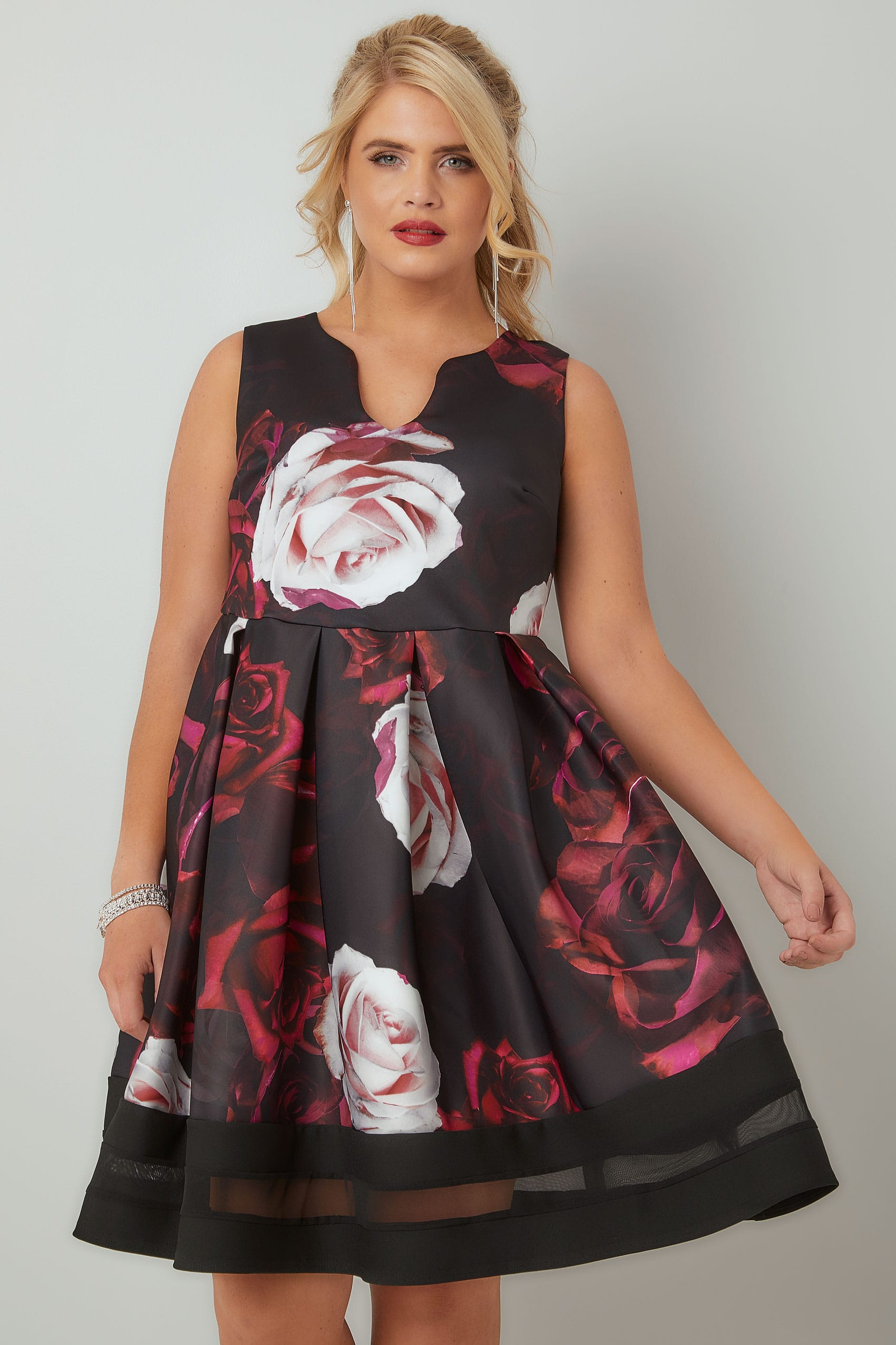 Black & Multi Rose Print Skater Dress With Notch Neck & Mesh Panel ...
