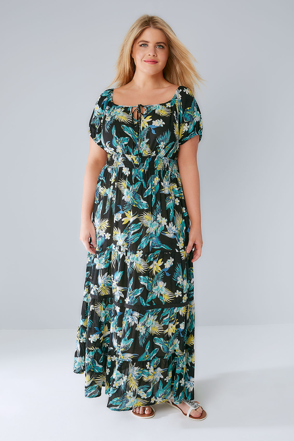Black & Multi Tropical Print Gypsy Maxi Dress, Plus size 16 to 36
