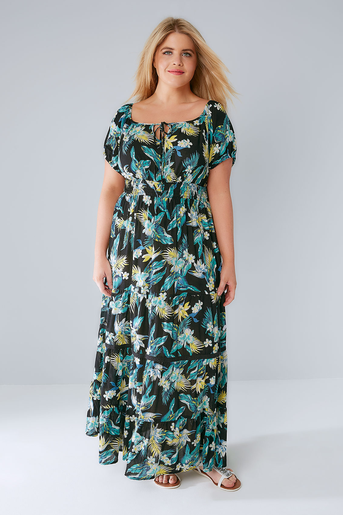 black tropical print dress