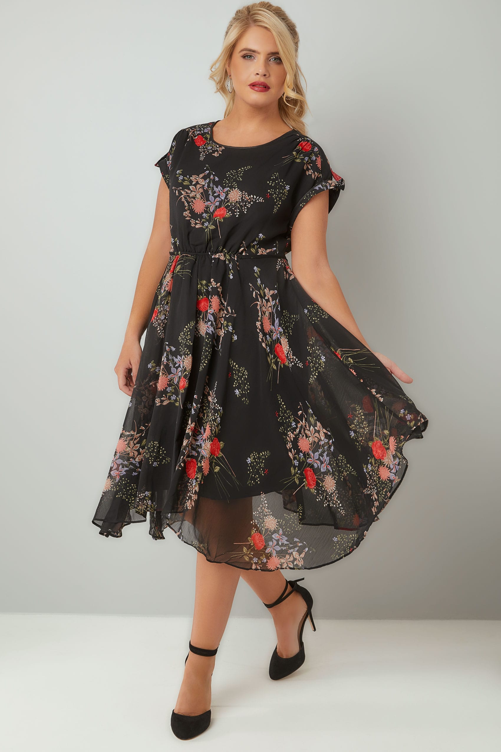 Black & Multi Vintage Floral Print Chiffon Dress With Hanky Hem, Plus