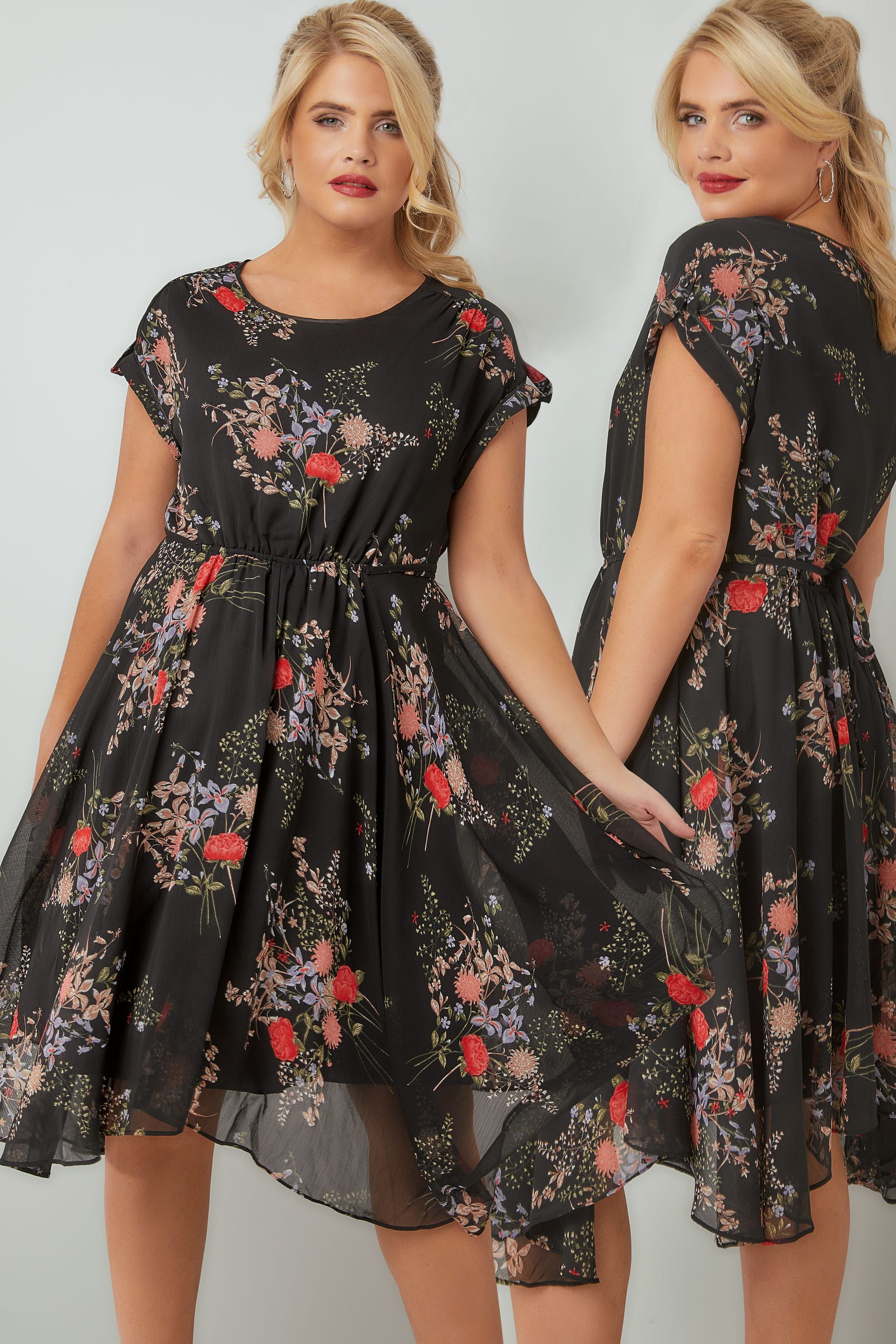 Black & Multi Vintage Floral Print Chiffon Dress With Hanky Hem, Plus ...
