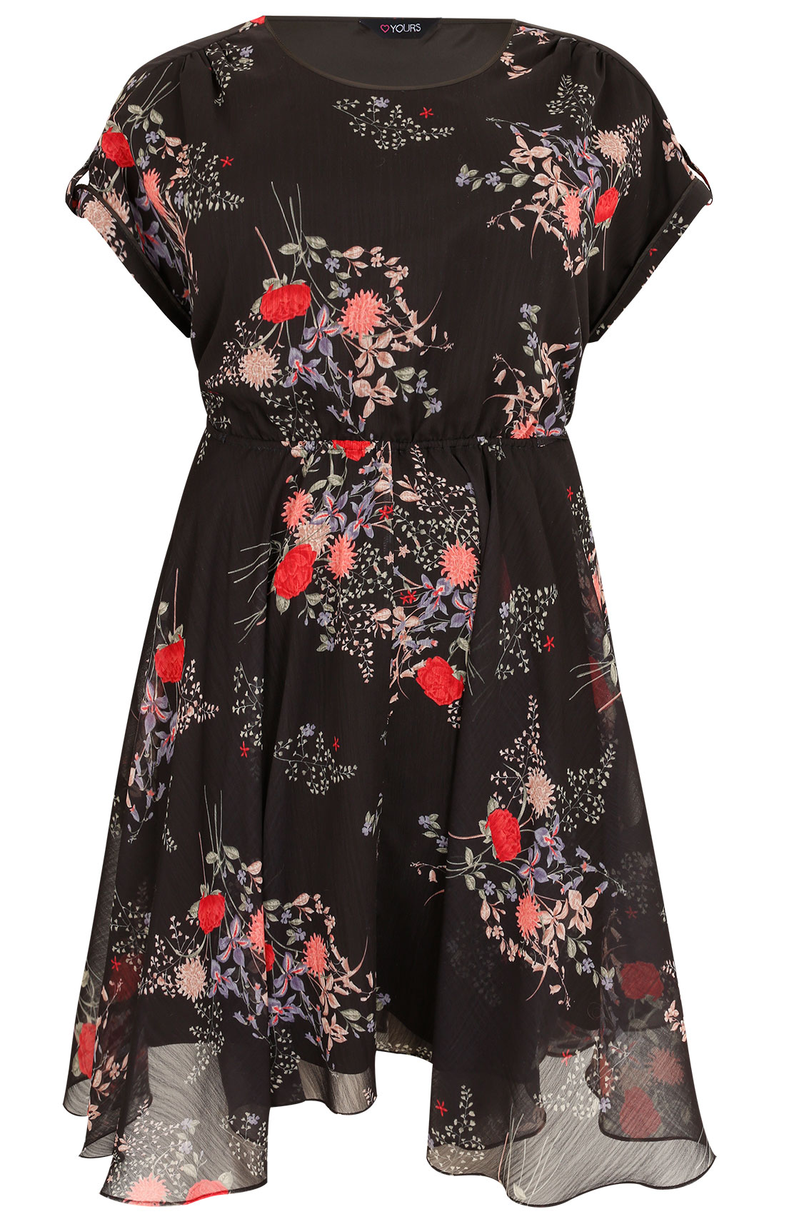 Black And Multi Vintage Floral Print Chiffon Dress With Hanky Hem Plus 