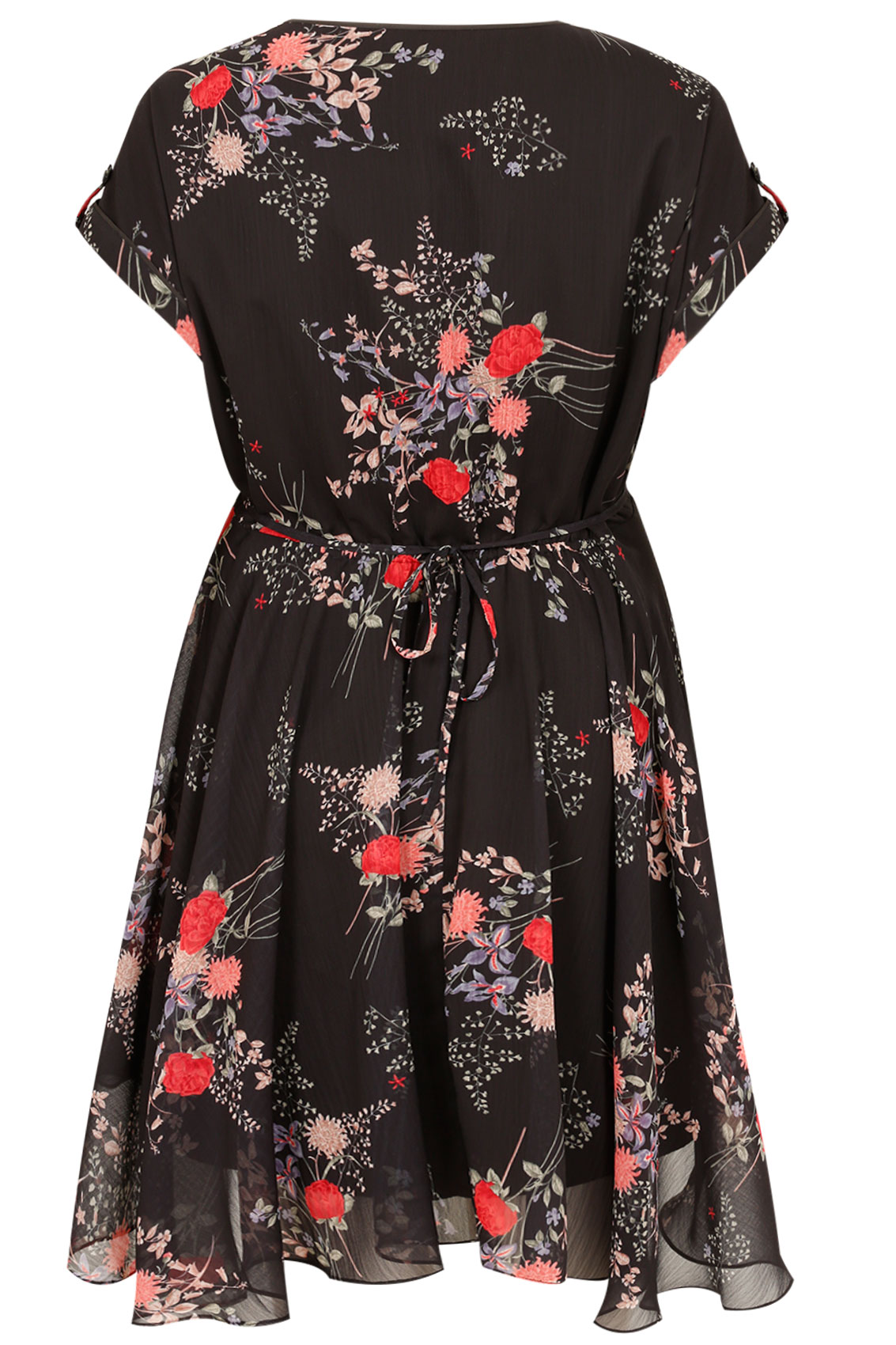 Black & Multi Vintage Floral Print Chiffon Dress With Hanky Hem, Plus ...