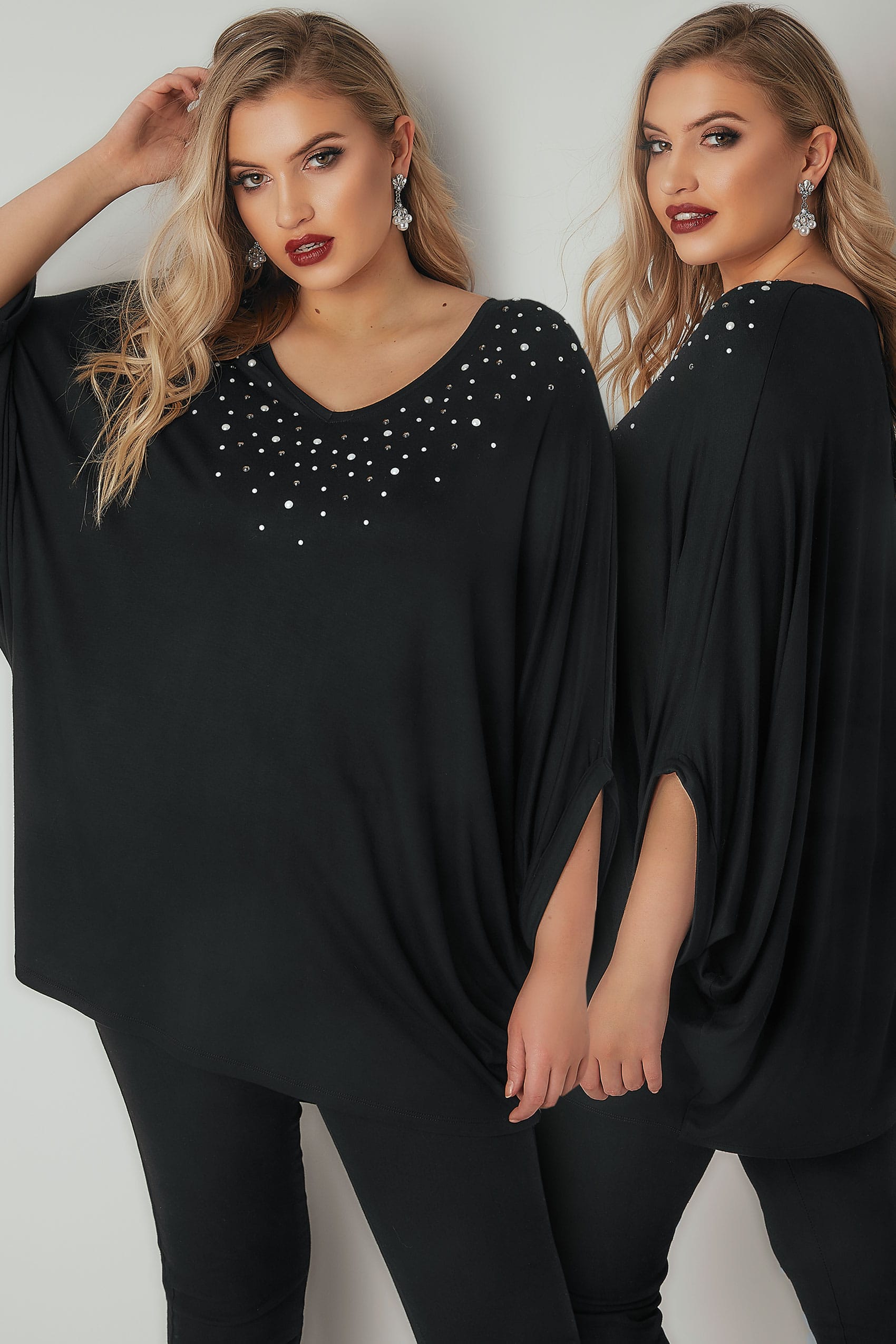 Black Oversized Top With Faux Pearl Studs, plus size 16 to 36