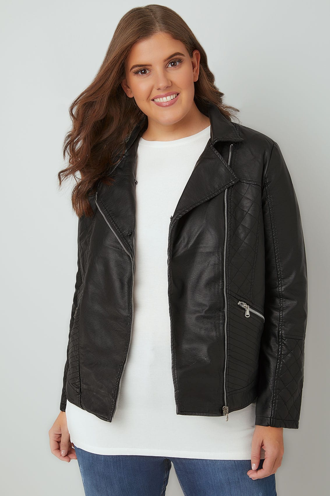Black PU Leather Look Biker Jacket With Faux Fur Collar, Plus size 16 to 36