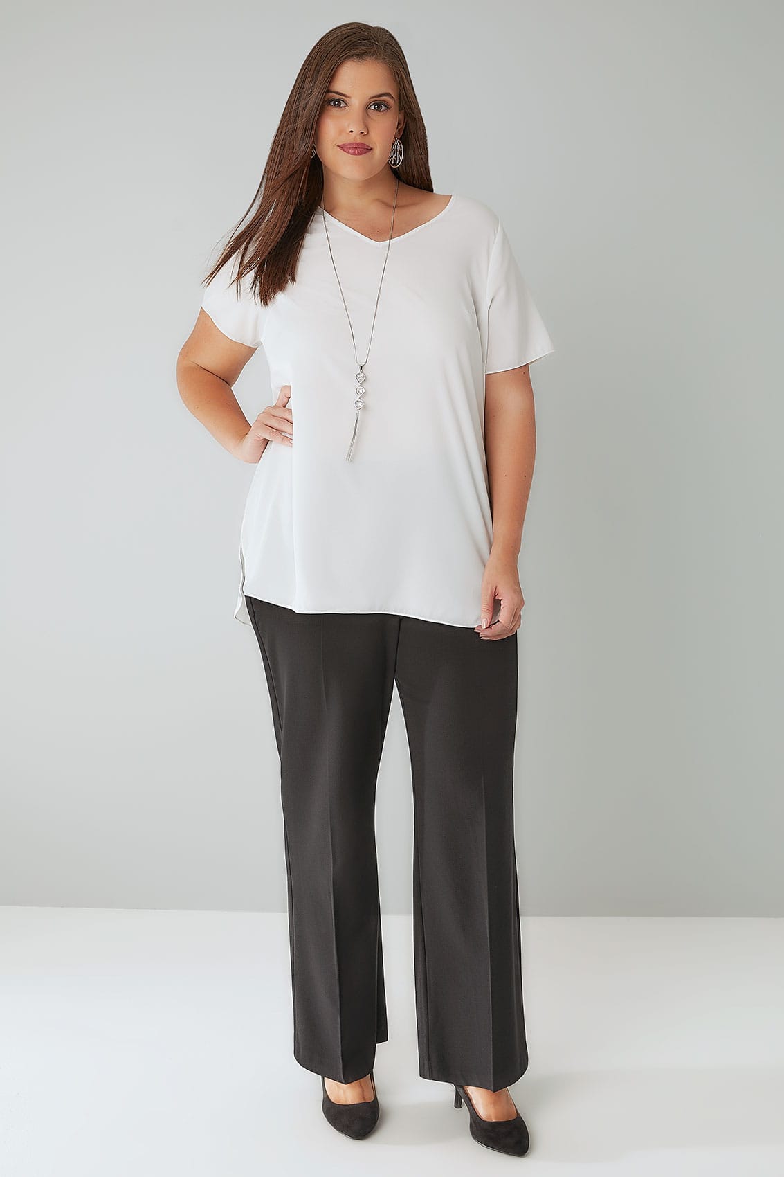 Black Classic Straight Leg Trousers With Elasticated Waistband - PETITE plus Size 16 to 32