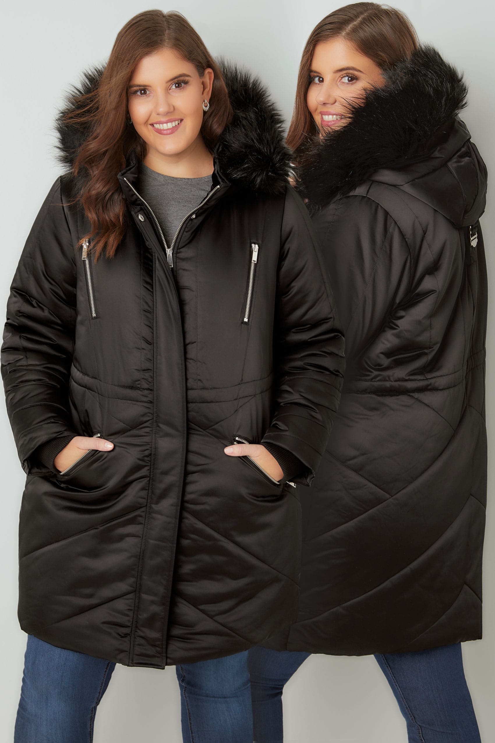 Black Padded Parka Jacket With Faux Fur Hood, Plus size 16 to 36