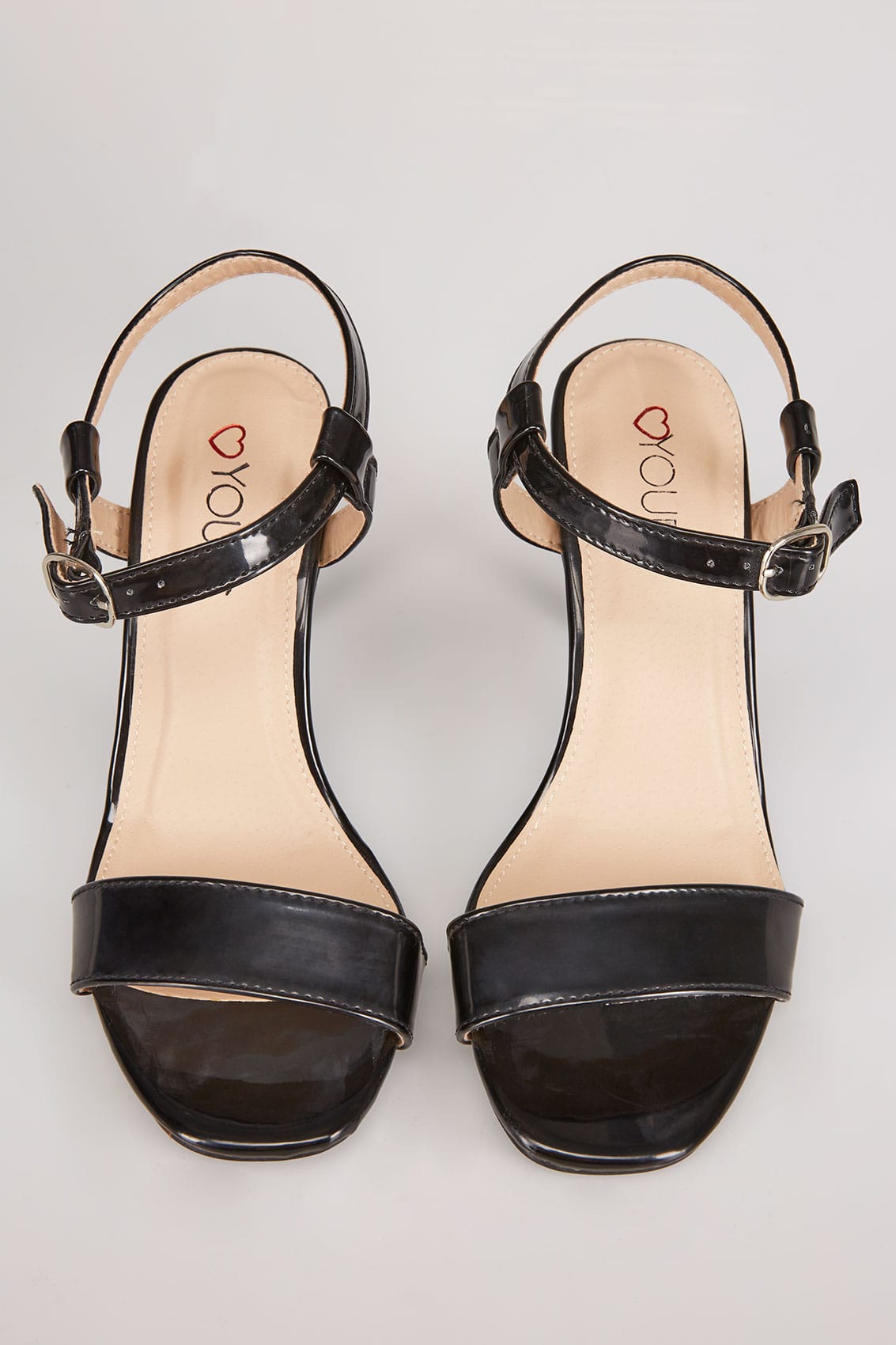 Black Patent Square Toe Heeled Sandals With Ankle Strap In EEE Fit 4EEE