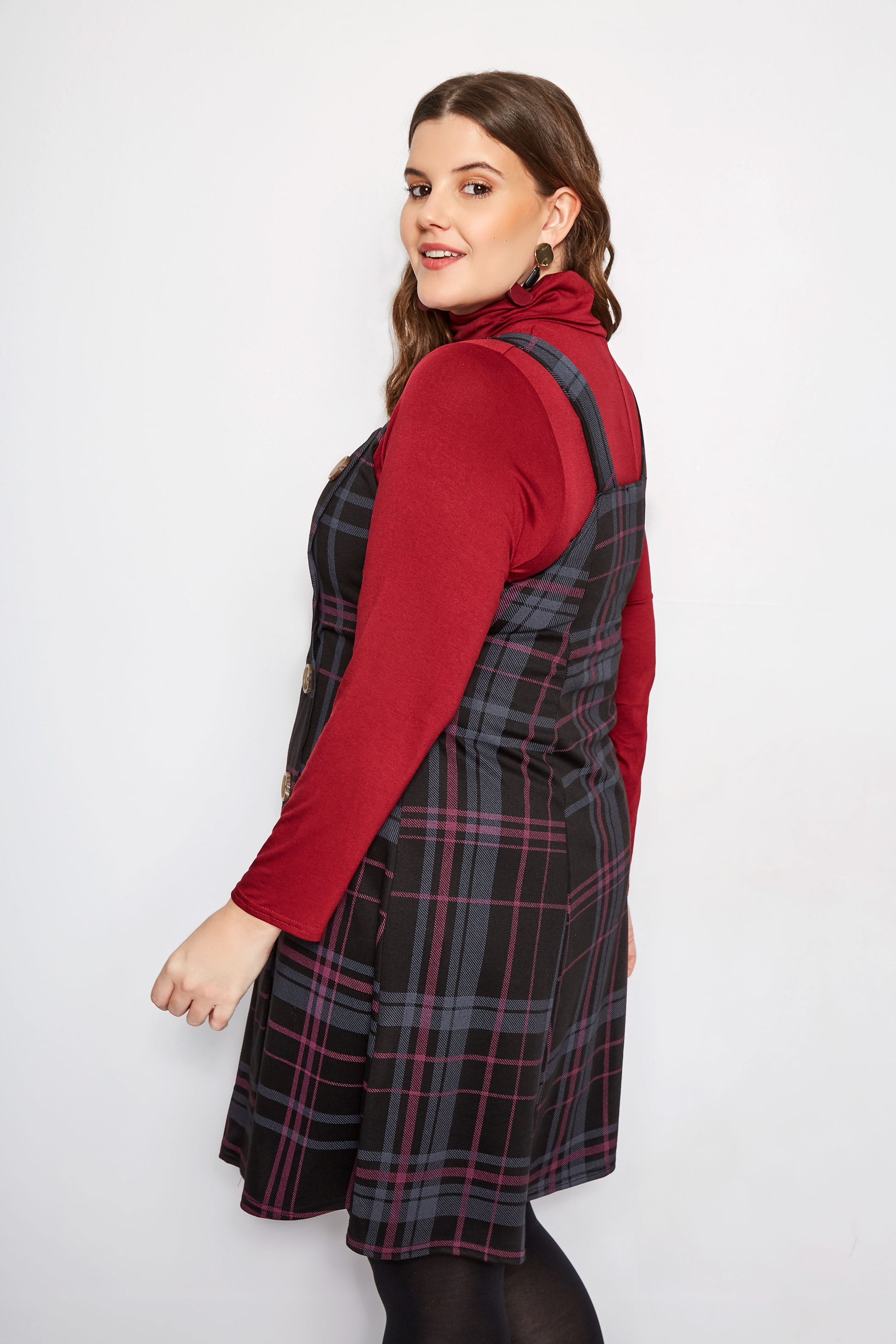 Plus Size Black And Pink Check Button Pinafore Dress Sizes 16 To 40