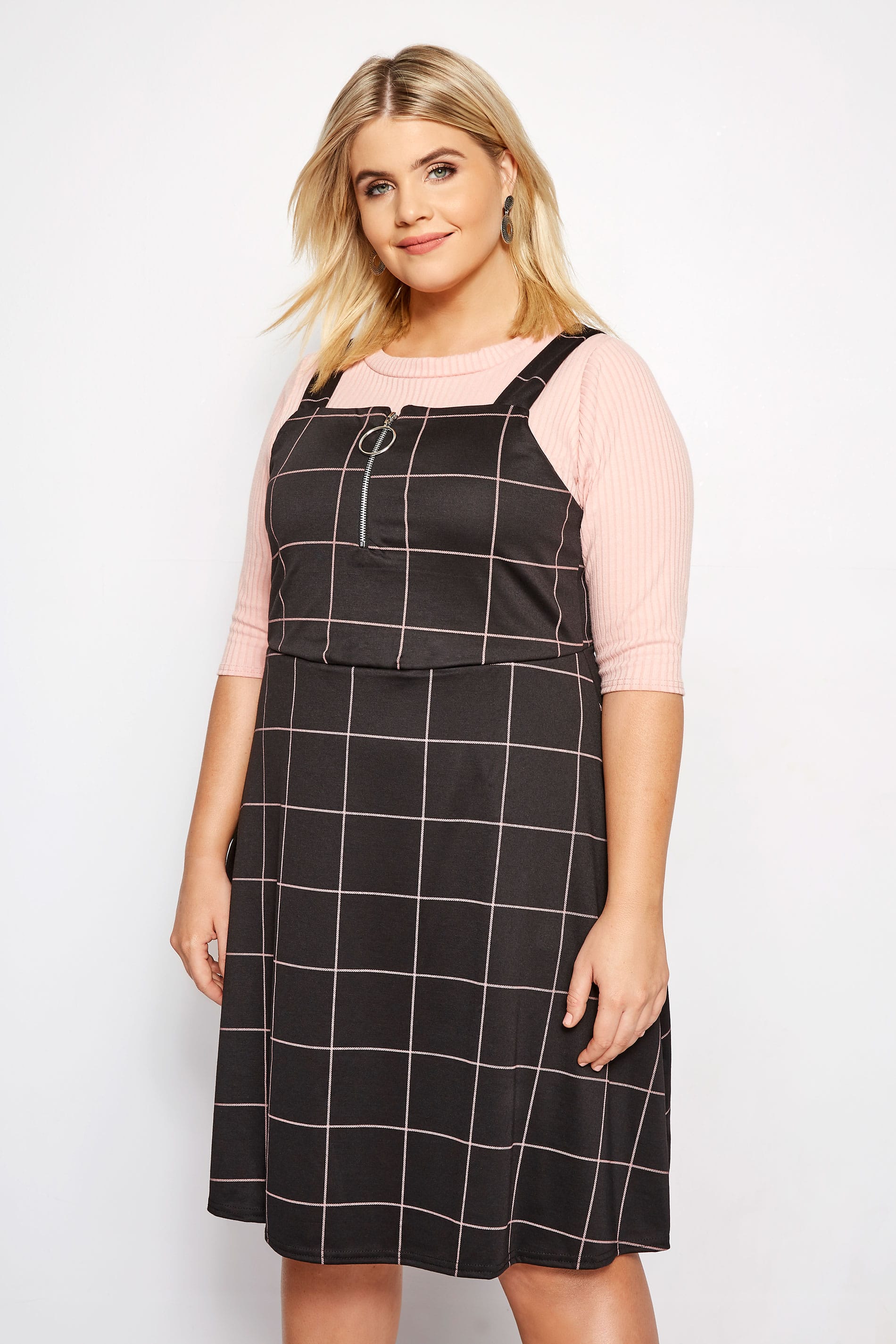 Plus Size Black & Pink Check Zip Pinafore Dress | sizes 16 to 36 ...