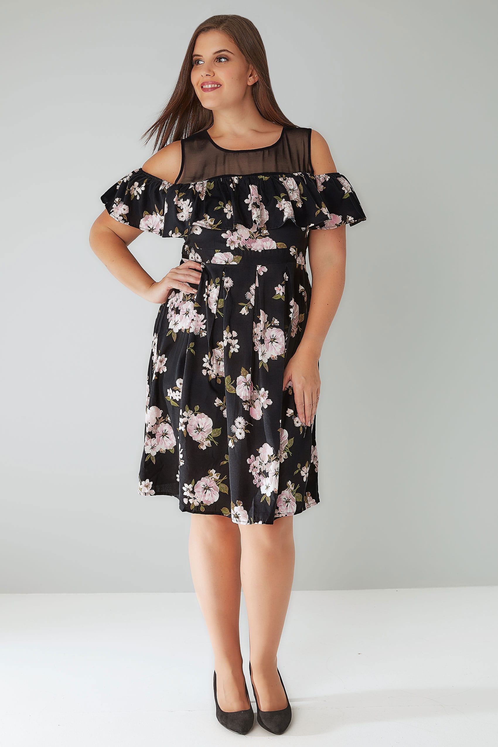 Black And Pink Floral Frill Cold Shoulder Dress With