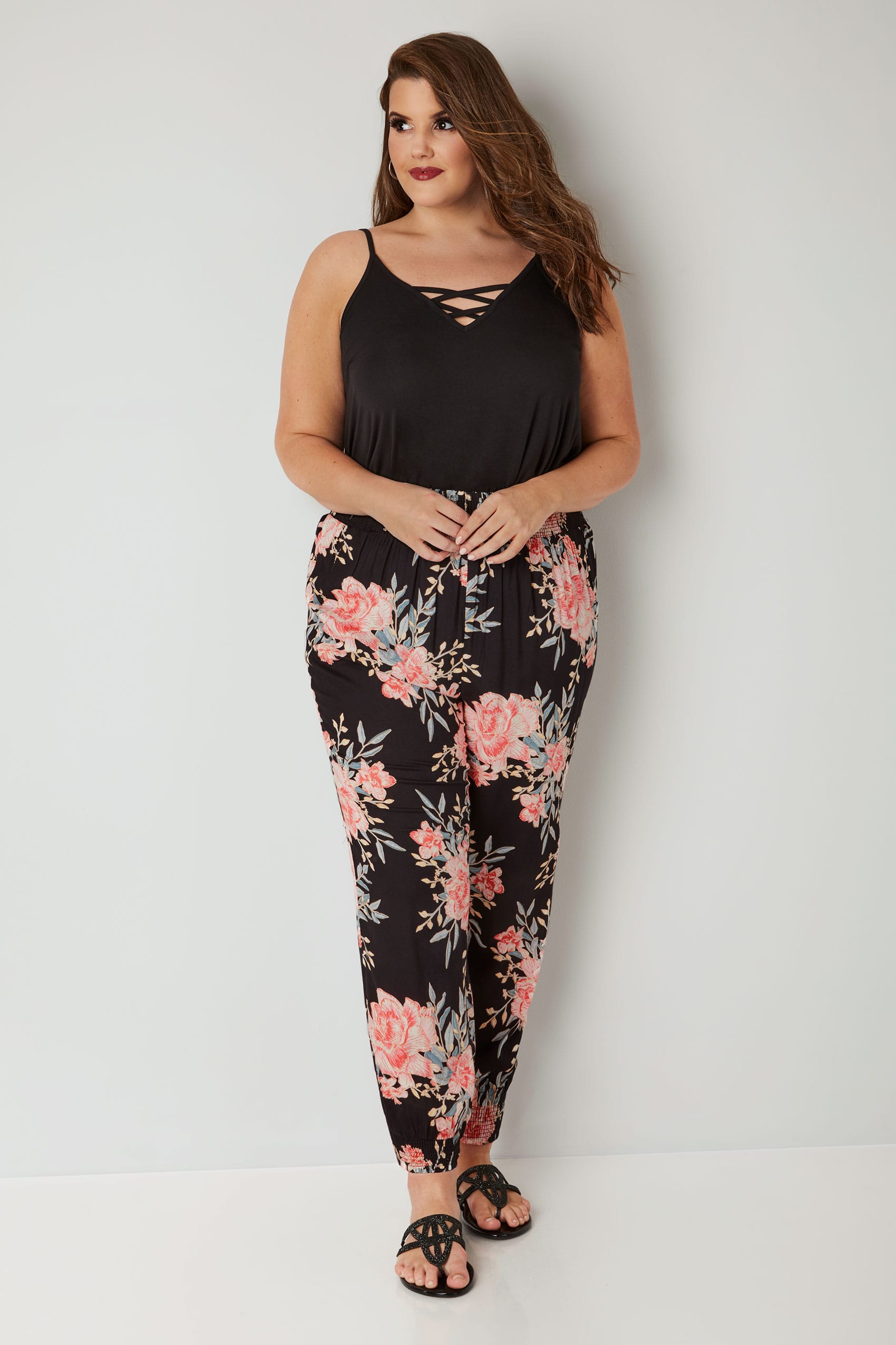 Black & Pink Floral Harem Trousers, plus size 16 to 36