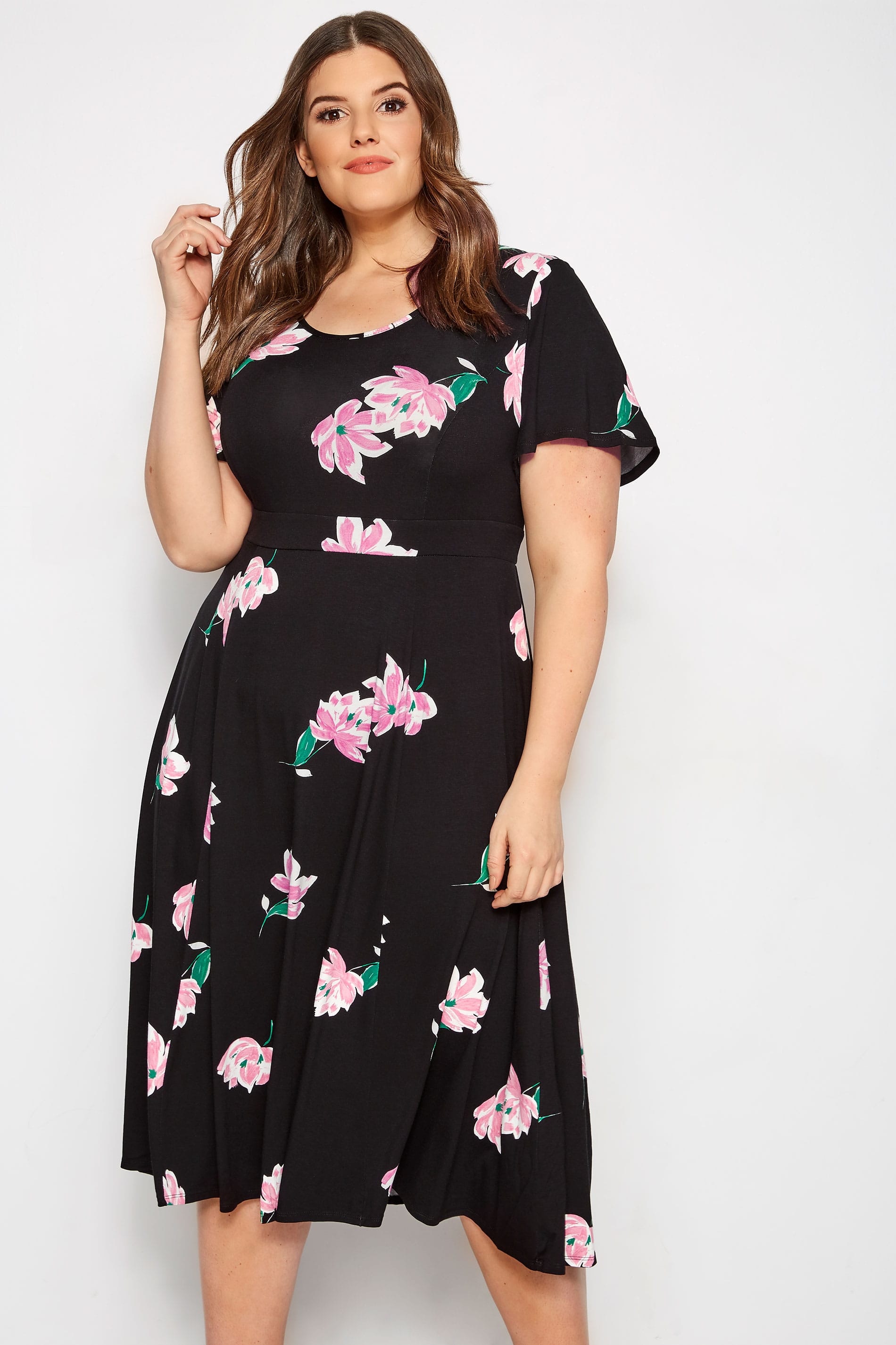 Plus Size Black & Pink Floral Midi Dress | Sizes 16 to 36 | Yours Clothing