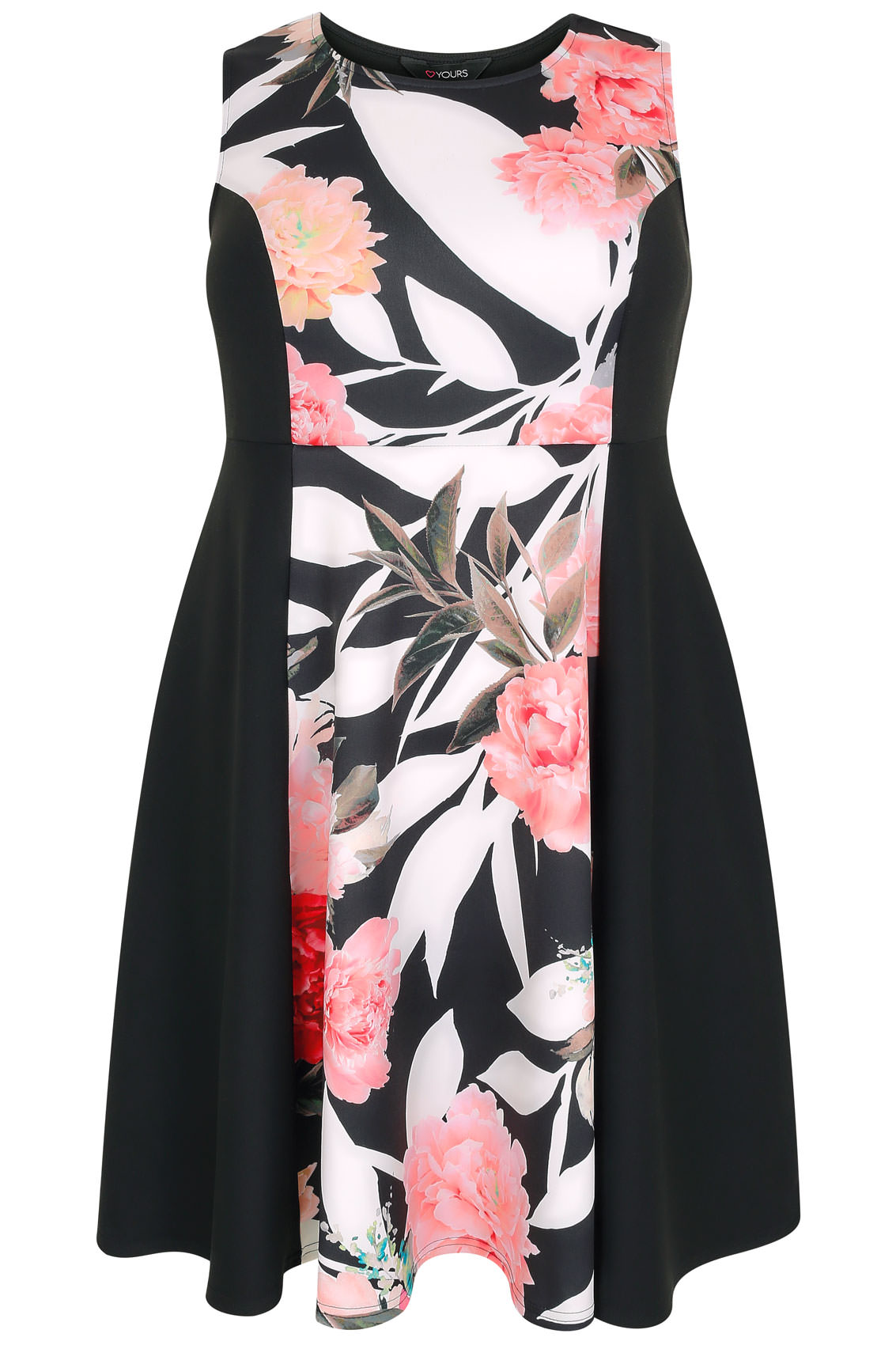 Black & Pink Floral Mono Panel Sleeveless Skater Dress plus size 16 to 36