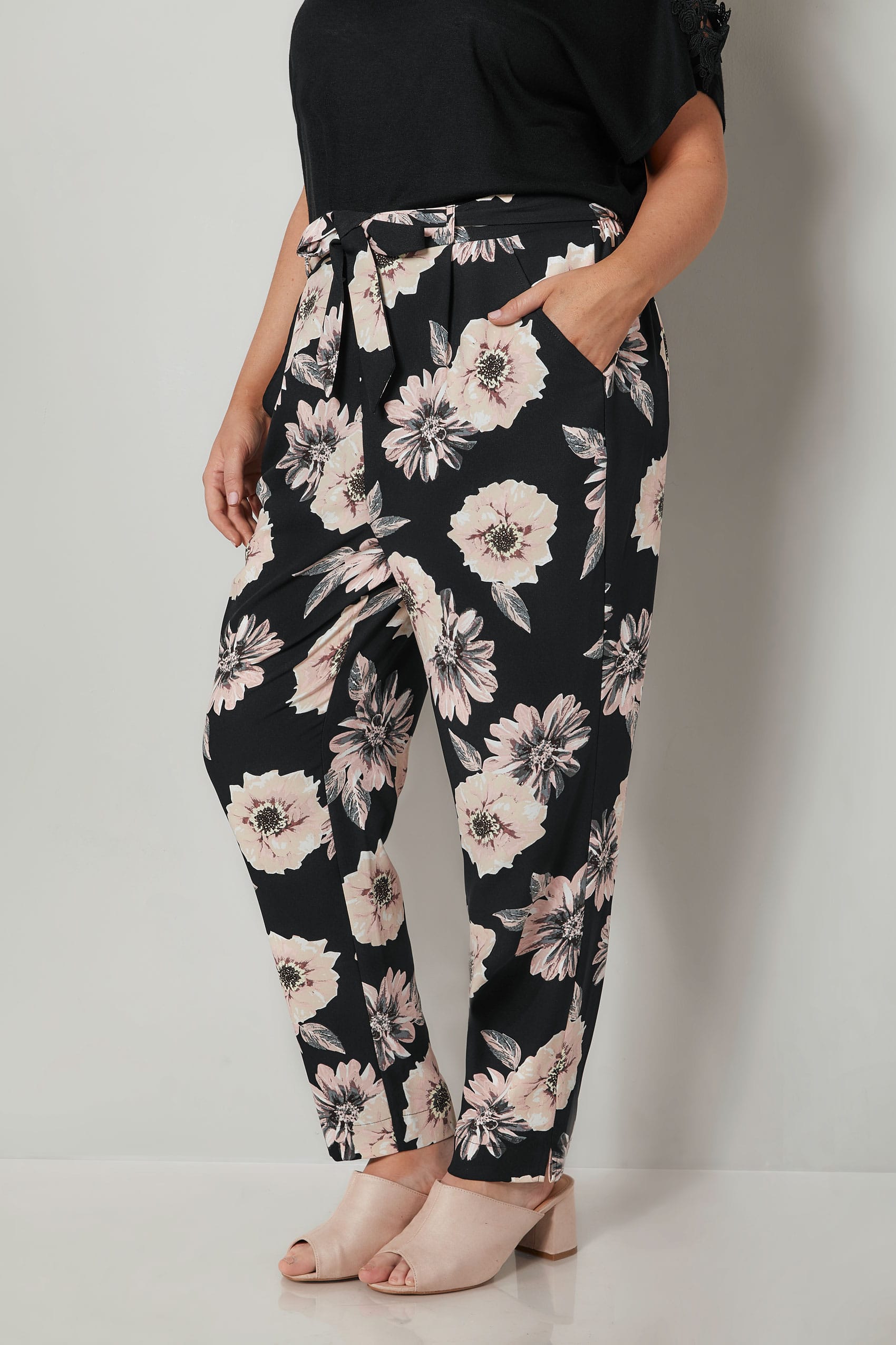 Black & Pink Floral Print Crepe Tapered Trousers With Tie Waist, plus ...