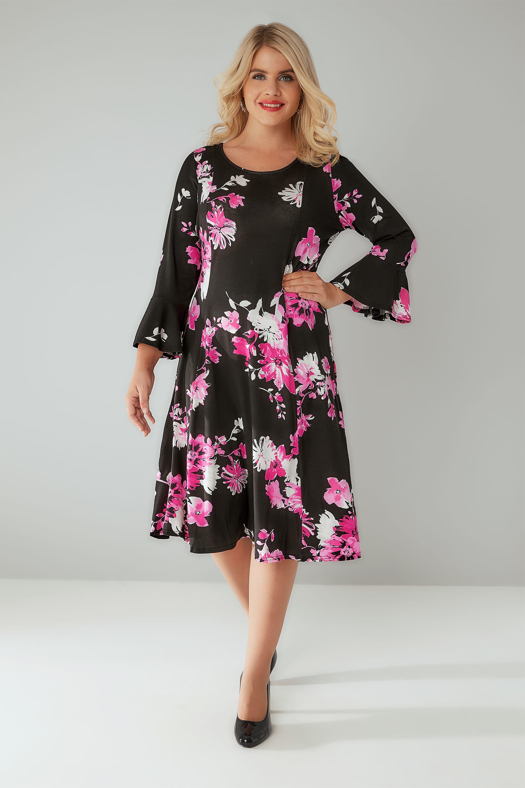 Black & Pink Floral Print Fit & Flare Jersey Dress With Flute Sleeves ...