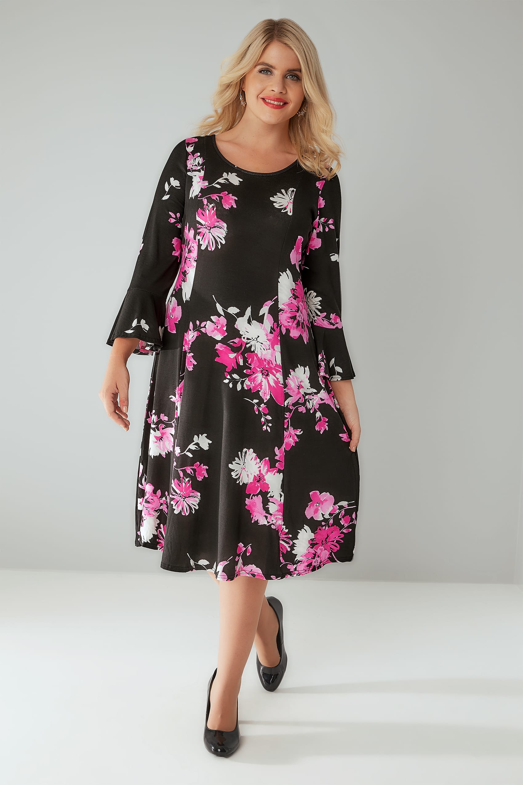 Black & Pink Floral Print Fit & Flare Jersey Dress With Flute Sleeves ...