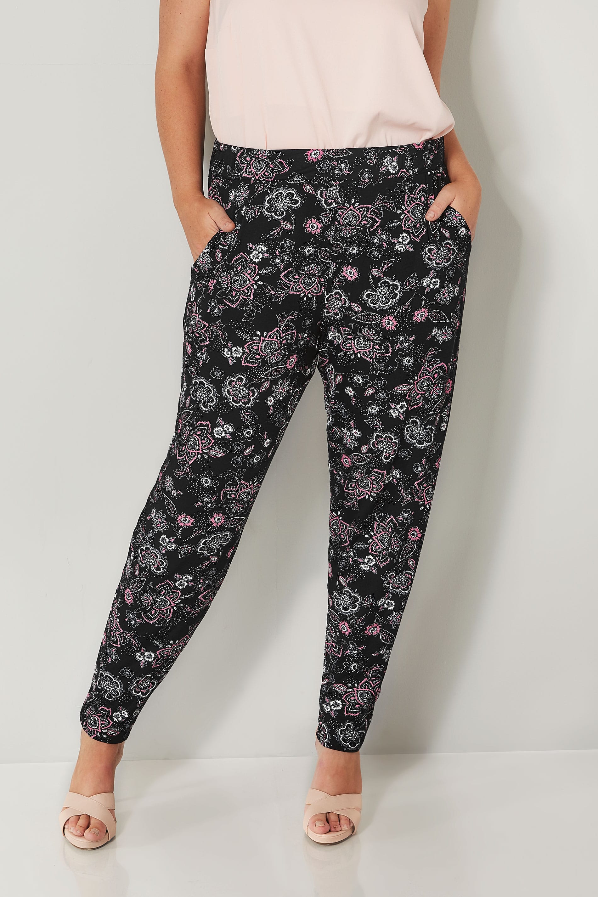 Black & Pink Floral Print Jersey Harem Trousers, plus size 16 to 36