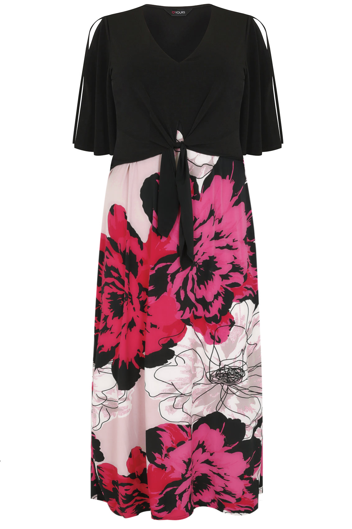 Black & Pink Floral Slinky Jersey Maxi Dress With Cold Shoulder Plus ...