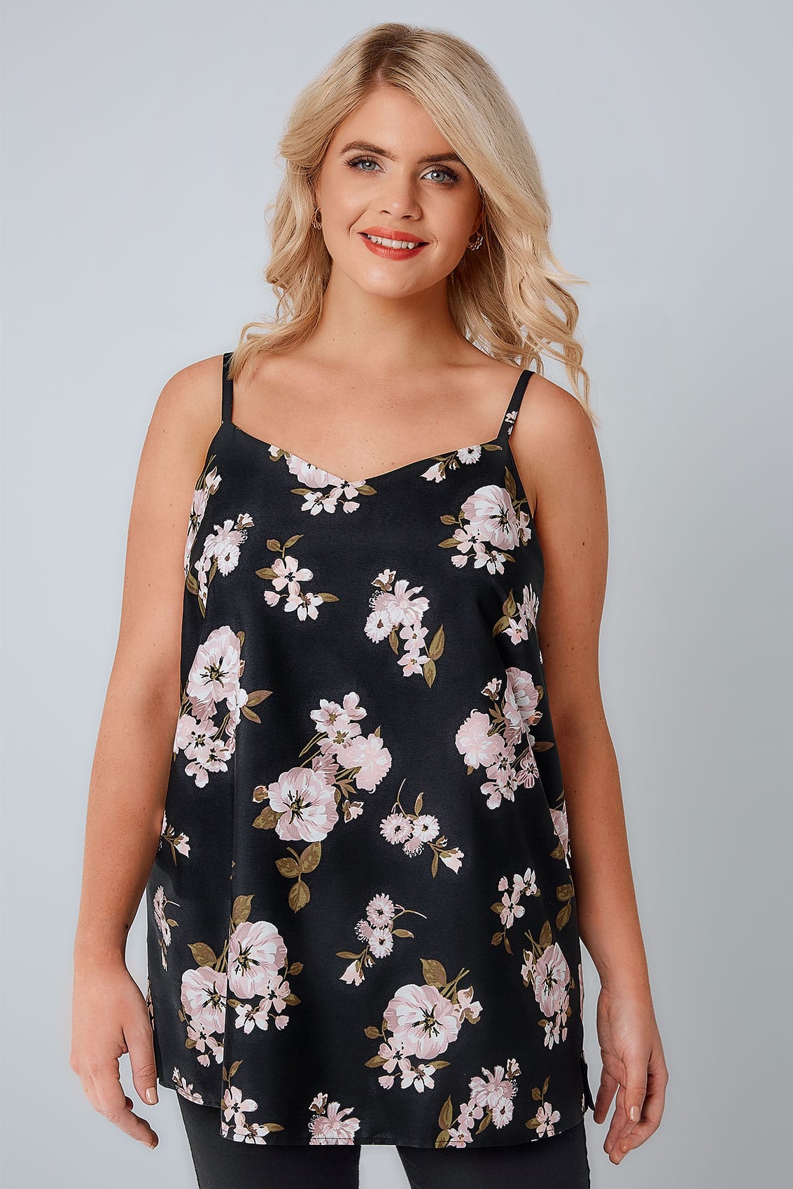 Black & Pink Floral Woven Cami Top With Side Splits plus size 16 to 36