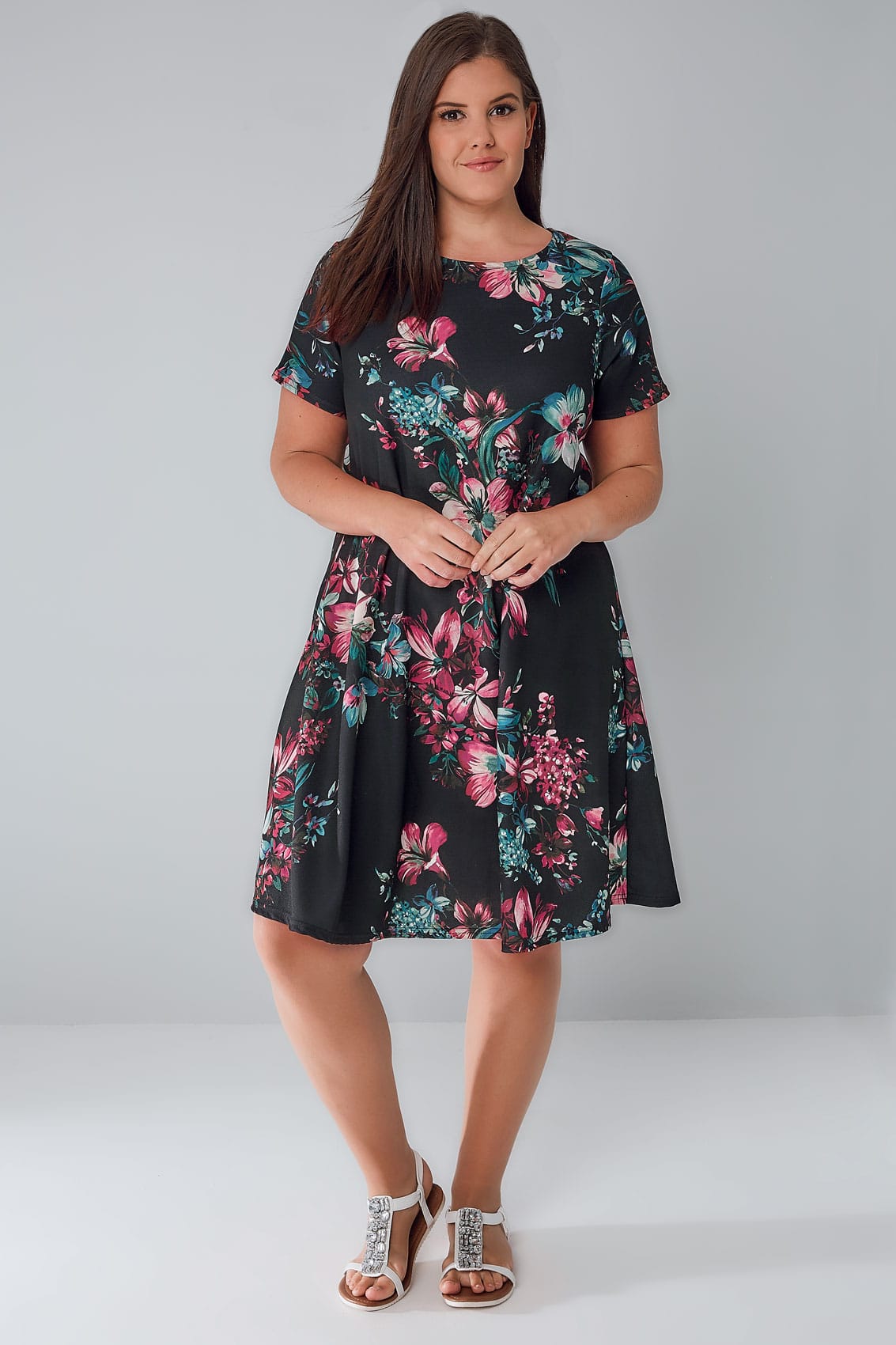 Black, Pink & Teal Floral Print Swing Dress Plus Size 16 to 36