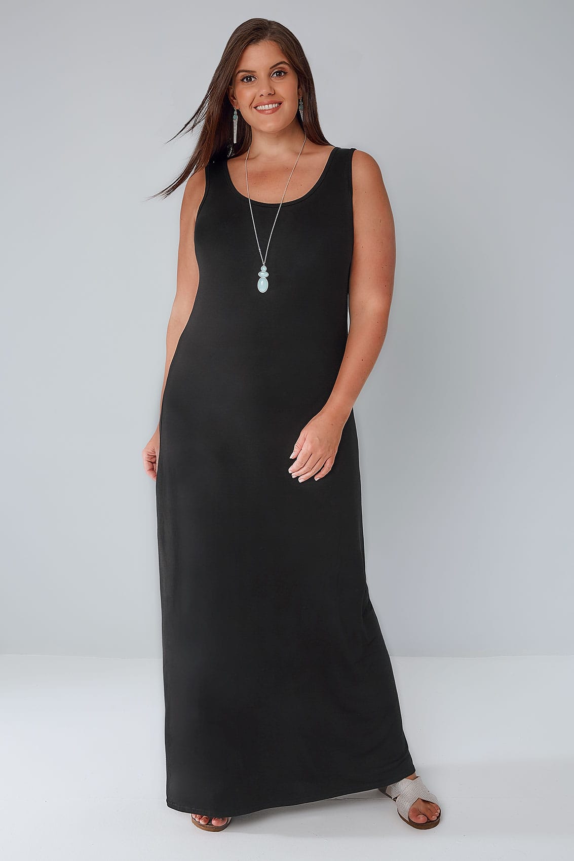 Black Plain Sleeveless Jersey Maxi Dress, Plus size 16 to 36