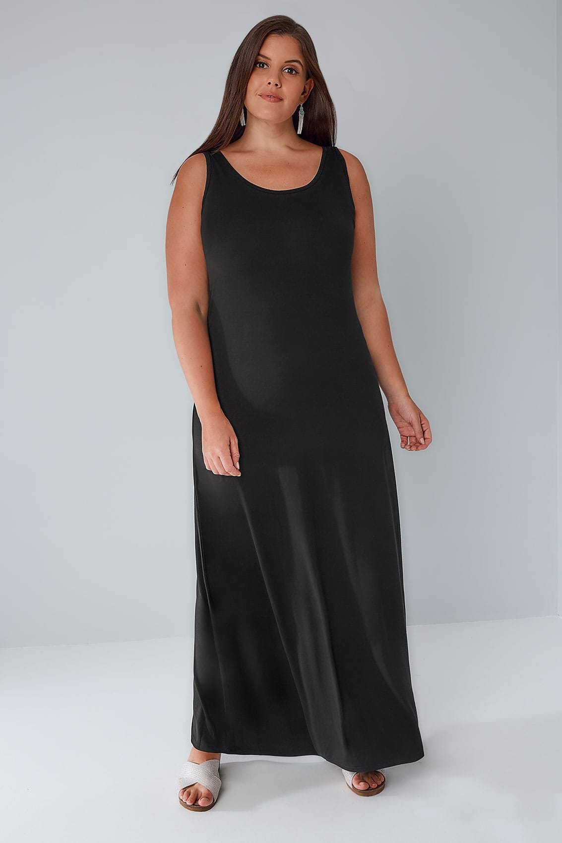 Black Plain Sleeveless Jersey Maxi Dress, Plus size 16 to 36