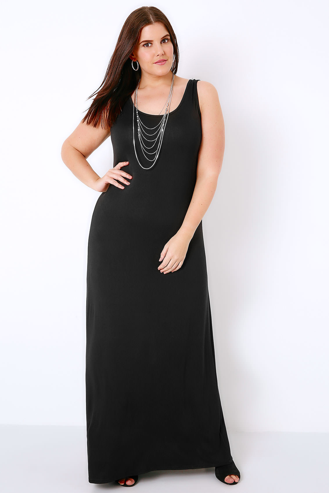 Black Plain Sleeveless Jersey Maxi Dress Plus Size 16 To 36