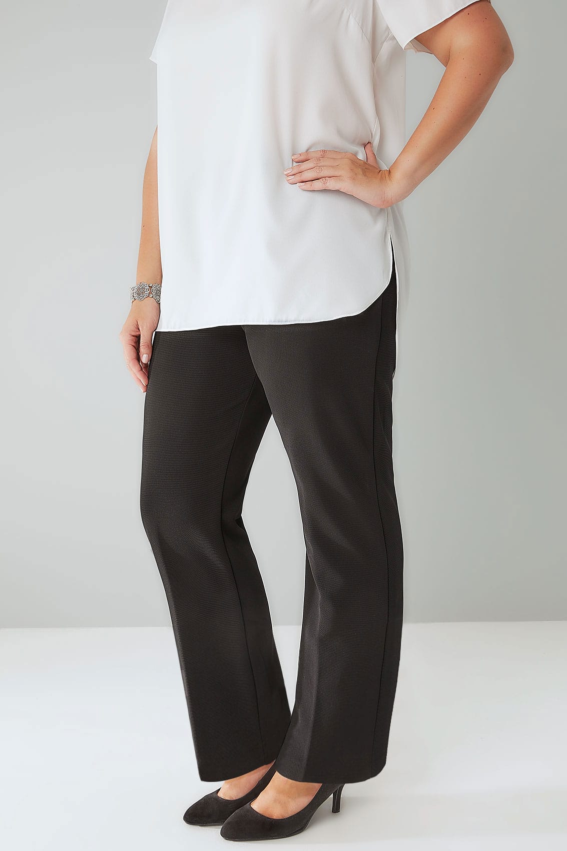 Black Pull On Ribbed Bootcut Trousers PETITE Plus Size 