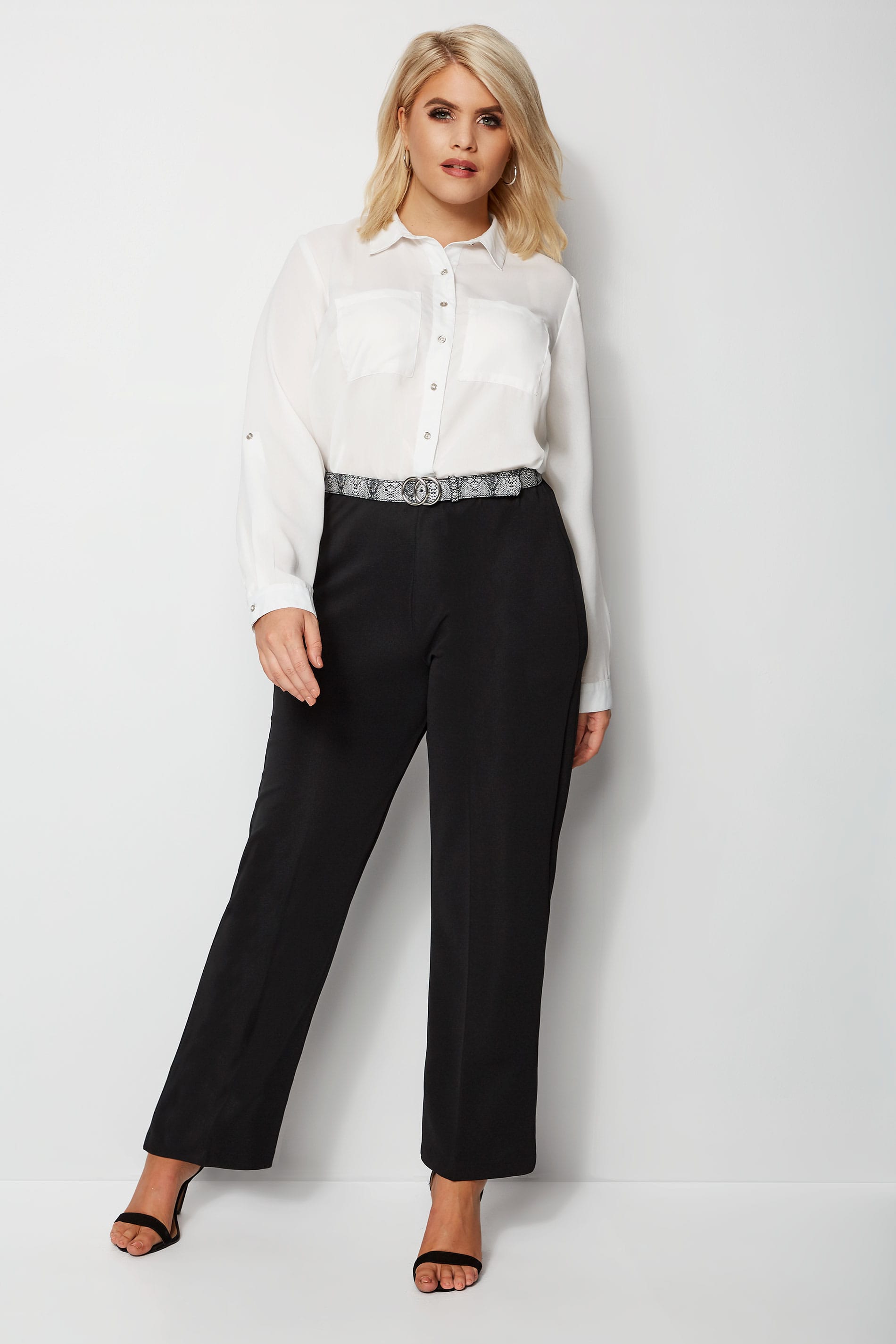 Black Pull On Ribbed Bootcut Trousers, Plus size 16 to 32