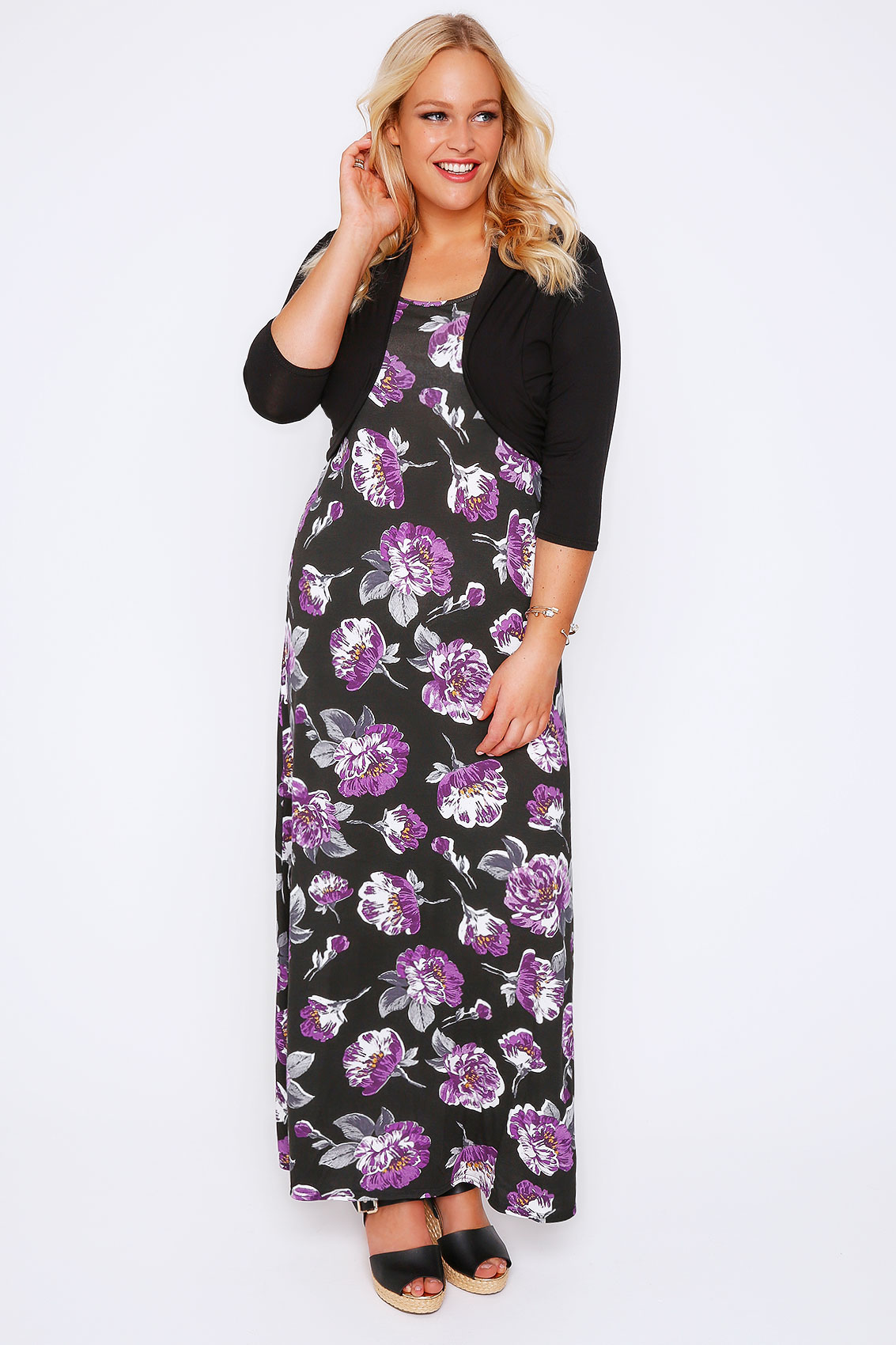 Black & Purple Floral Print Maxi Dress With Black Shrug Plus Size 16 to 32