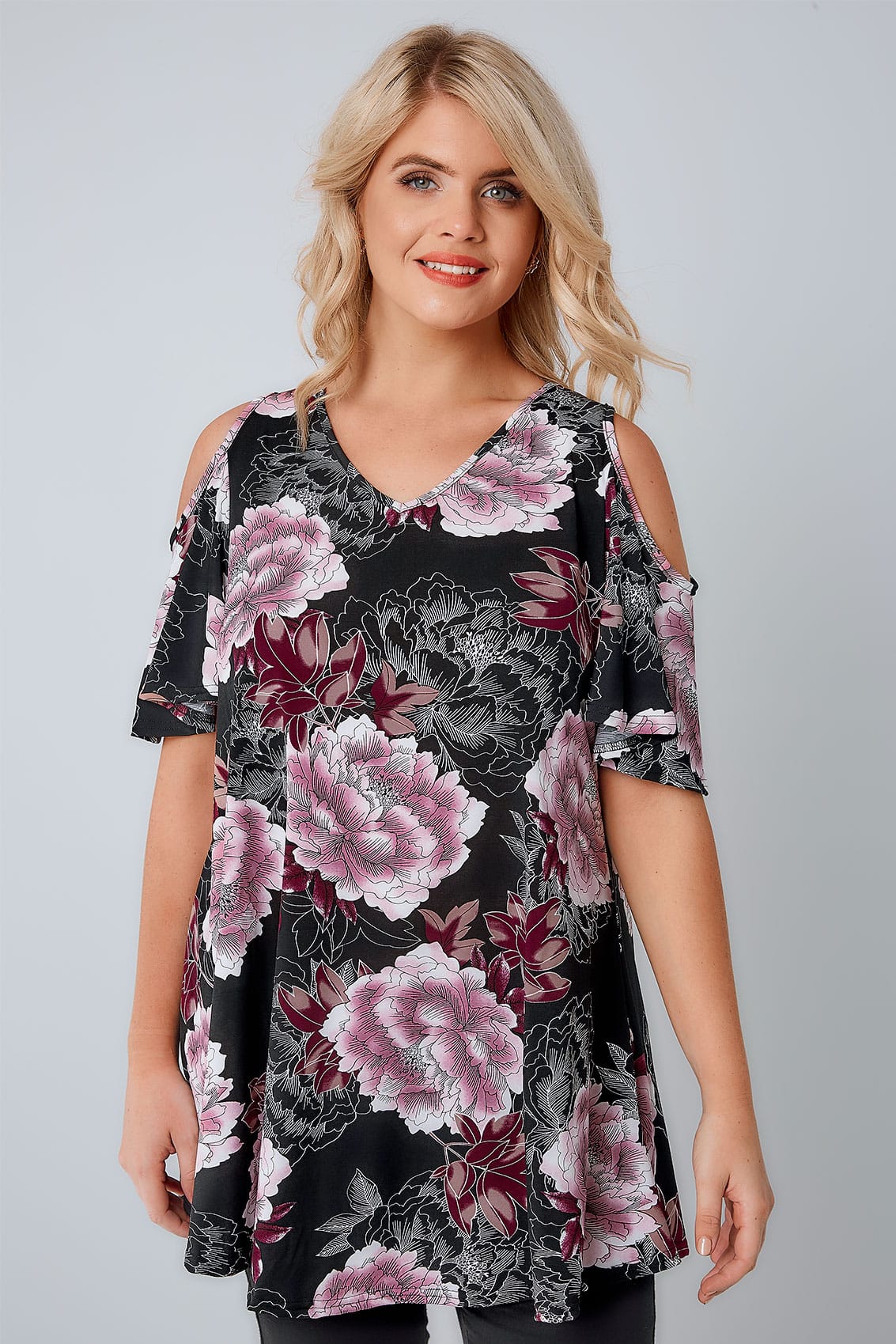 Purple & Pink Printed Cold Shoulder Top, plus size 16 to 36