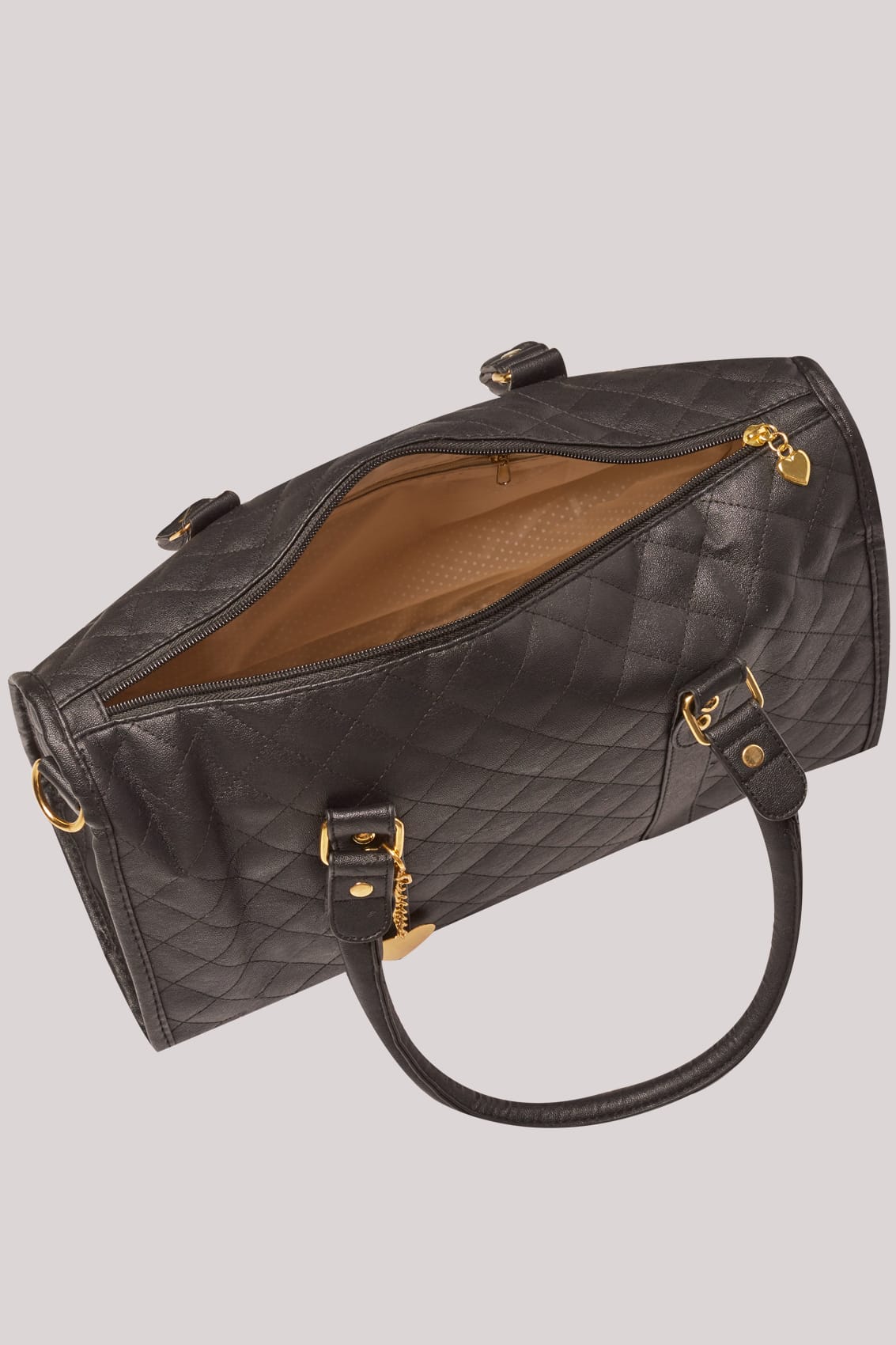 Black Quilted Bag With Shoulder Strap & Gold Tone Heart Detail